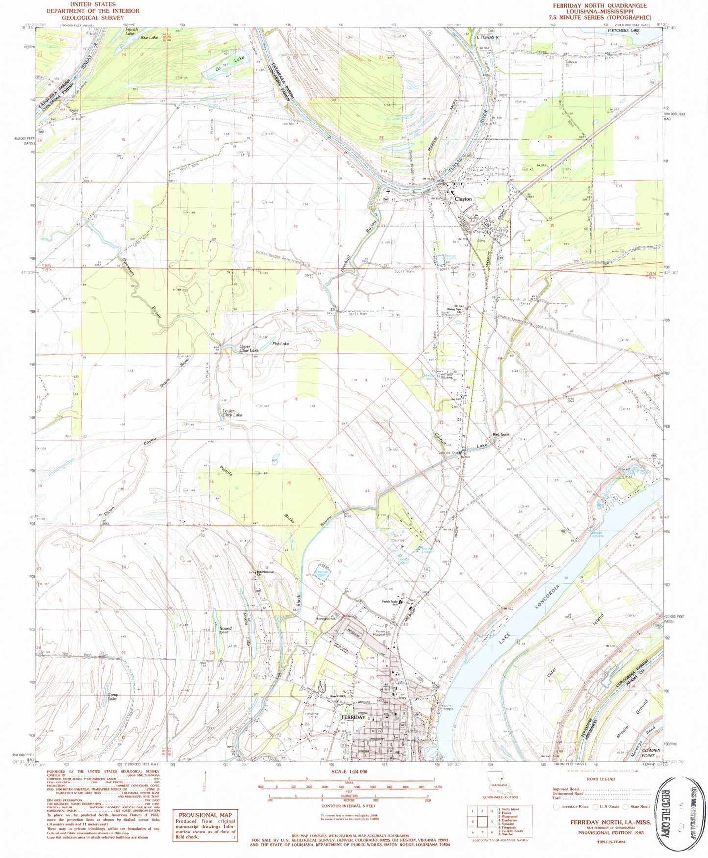 Classic USGS Ferriday North Louisiana 7.5'x7.5' Topo Map Image