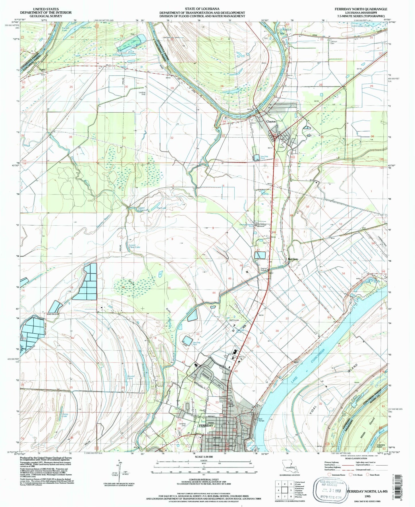 Classic USGS Ferriday North Louisiana 7.5'x7.5' Topo Map Image