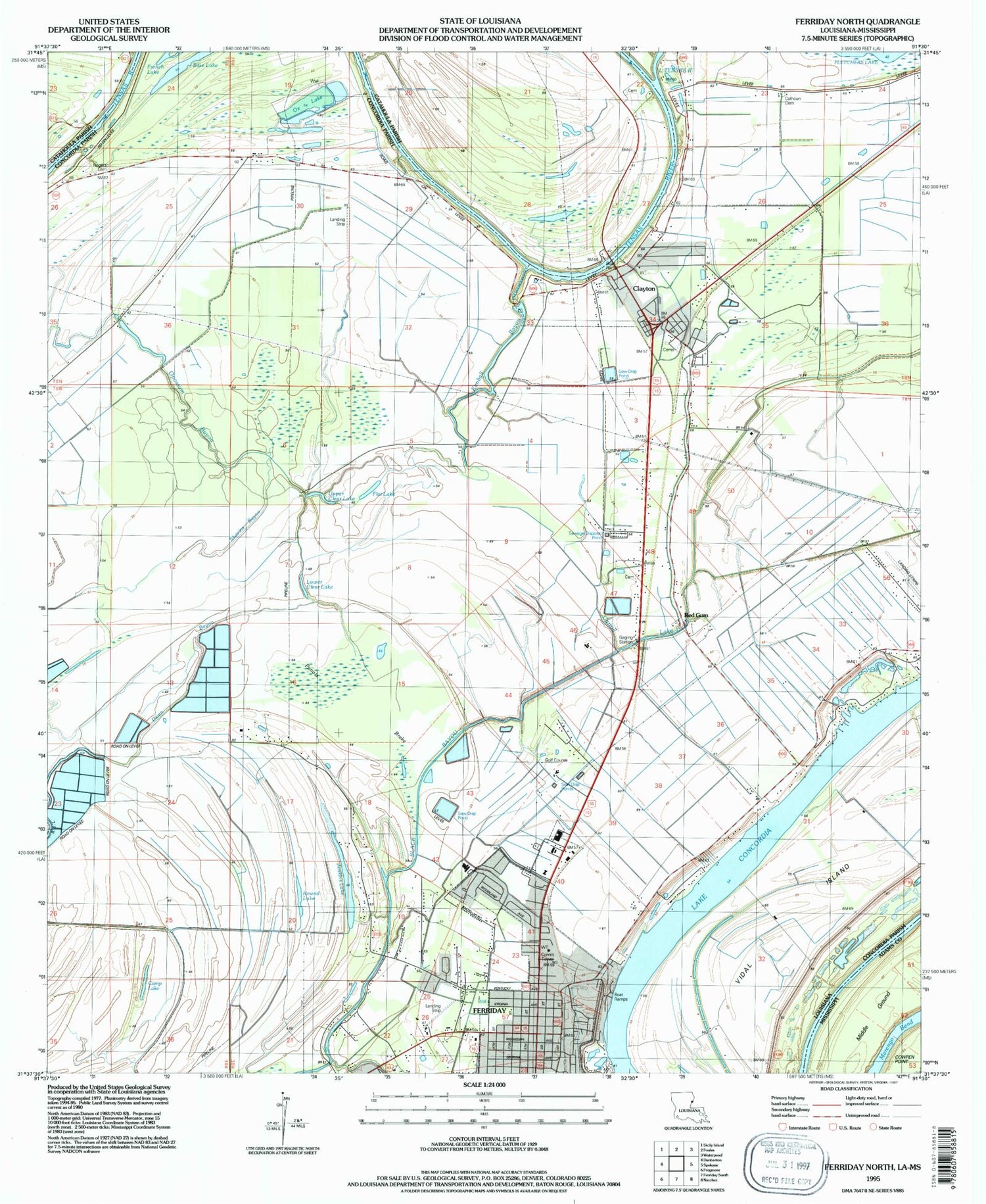 Classic USGS Ferriday North Louisiana 7.5'x7.5' Topo Map Image