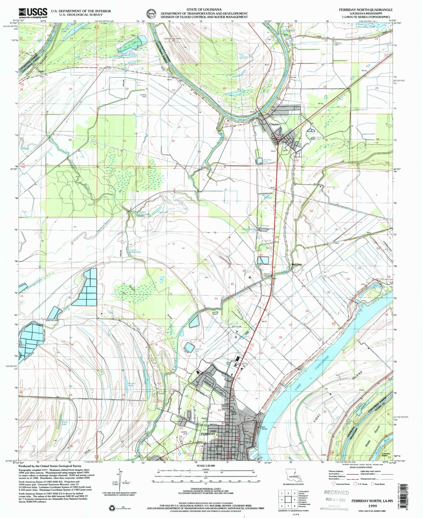 Classic USGS Ferriday North Louisiana 7.5'x7.5' Topo Map Image