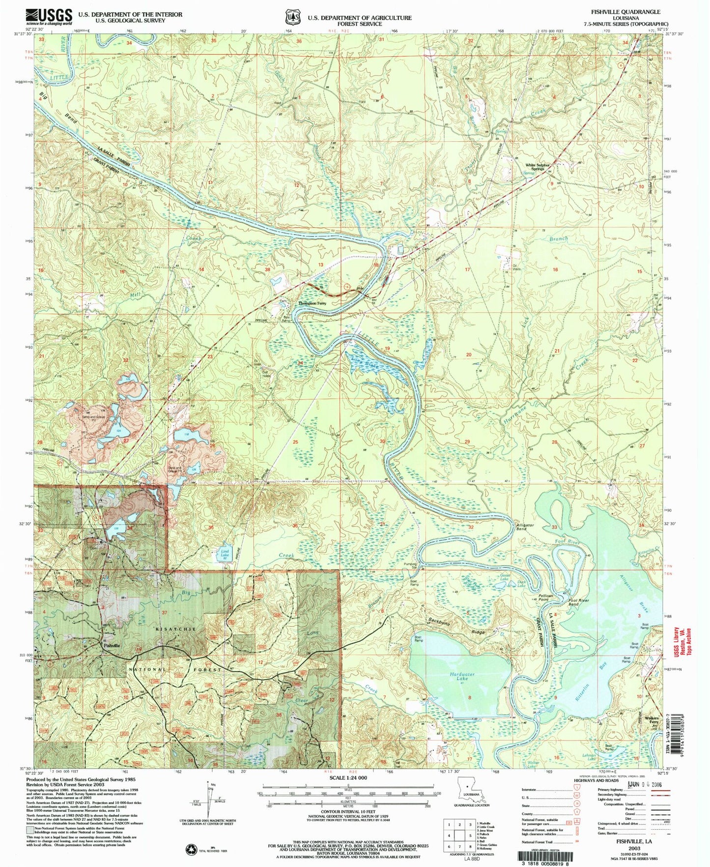 Classic USGS Fishville Louisiana 7.5'x7.5' Topo Map Image