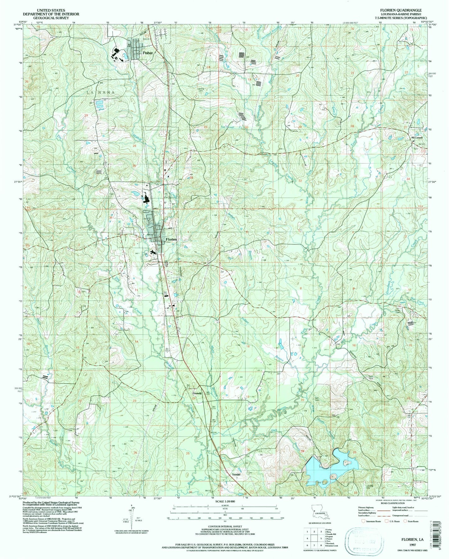 Classic USGS Florien Louisiana 7.5'x7.5' Topo Map Image