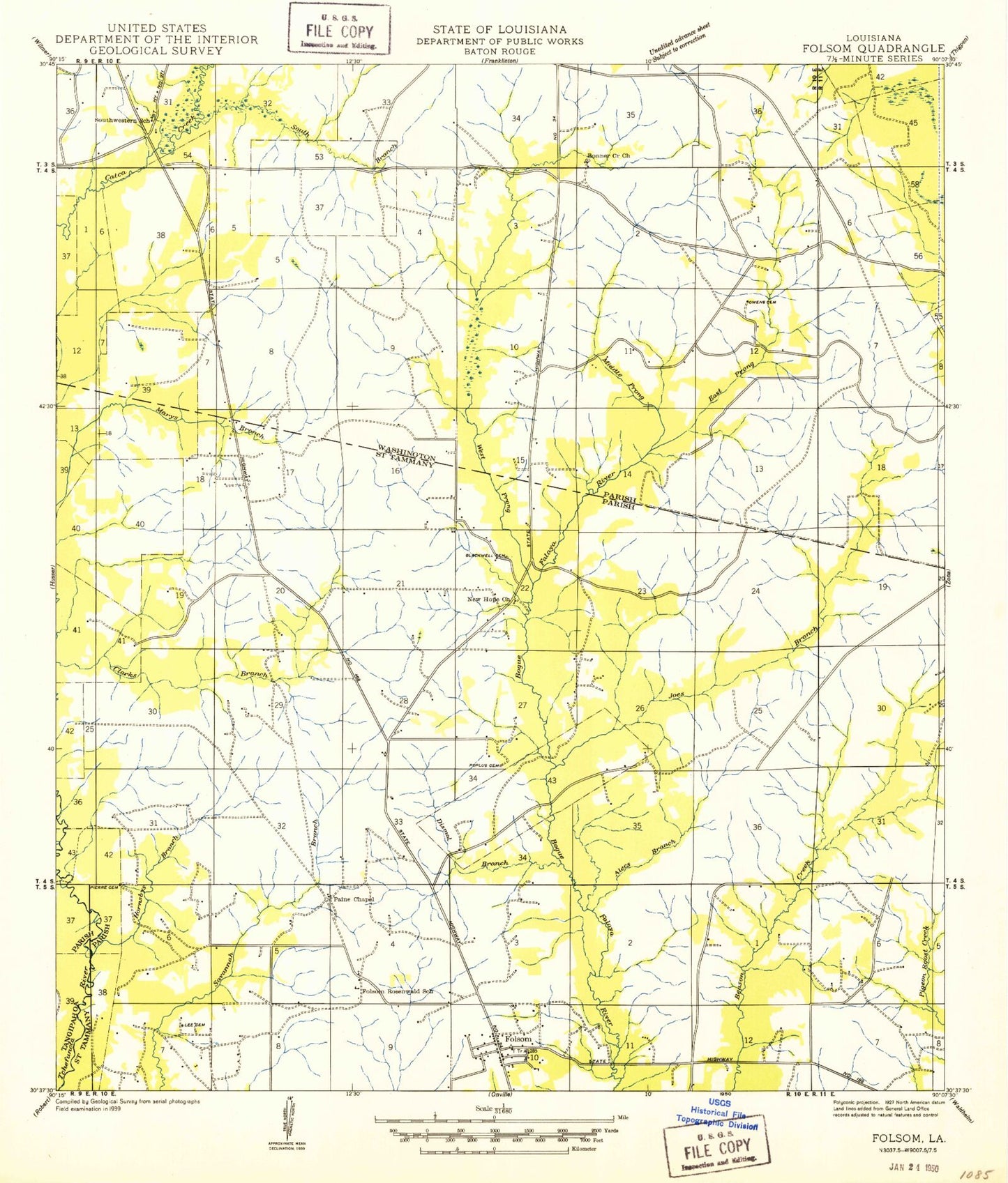 Classic USGS Folsom Louisiana 7.5'x7.5' Topo Map Image