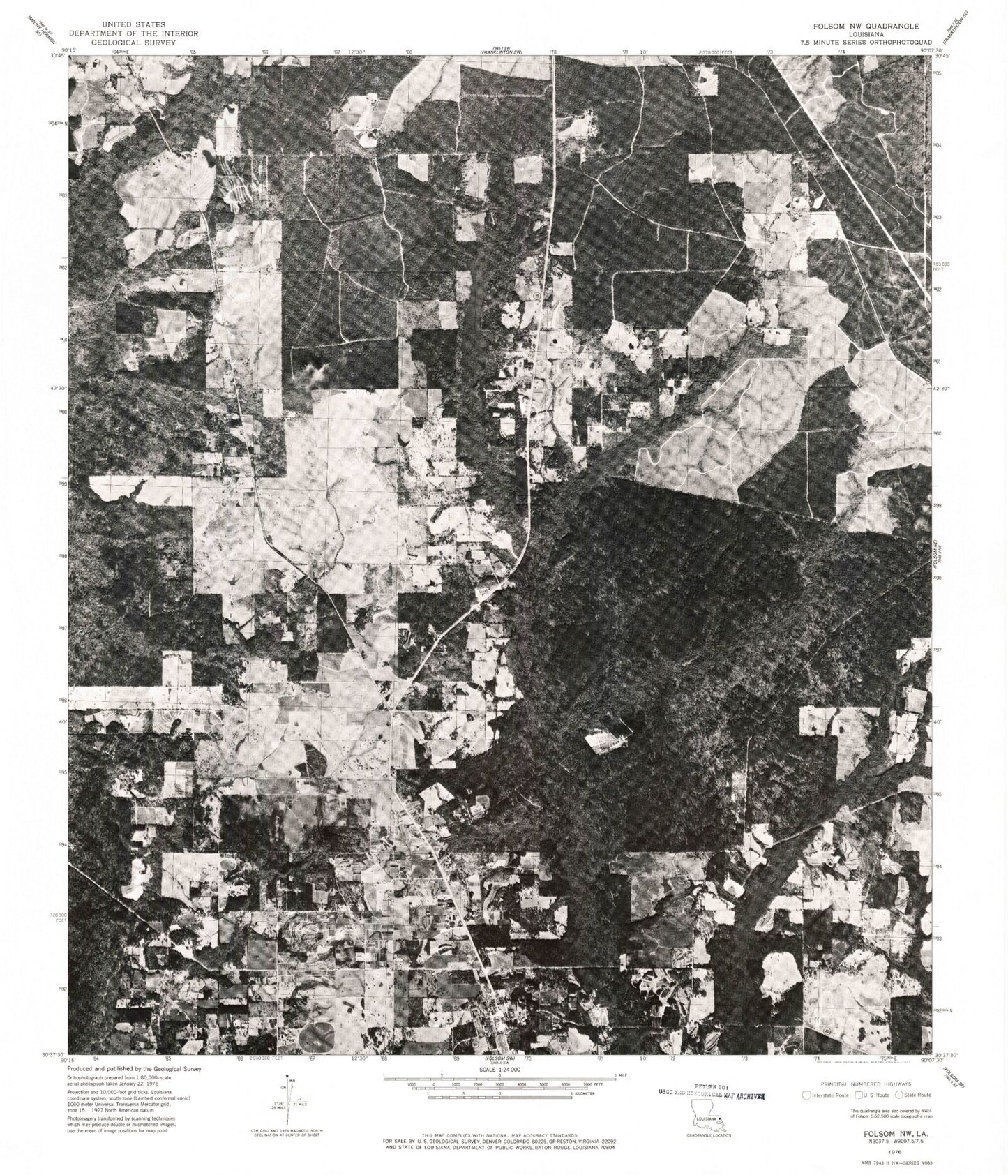 Classic USGS Folsom Louisiana 7.5'x7.5' Topo Map Image