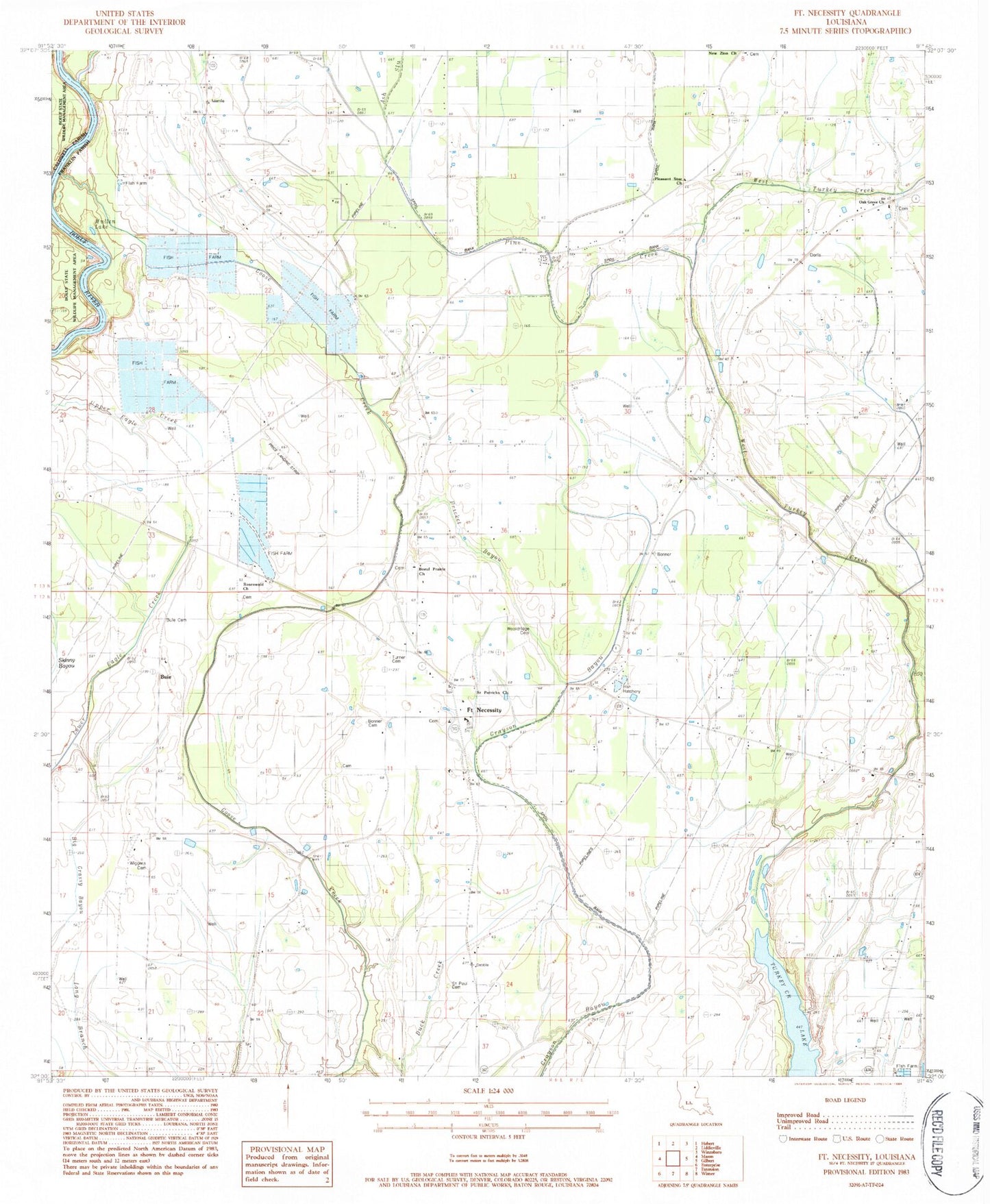 Classic USGS Fort Necessity Louisiana 7.5'x7.5' Topo Map Image