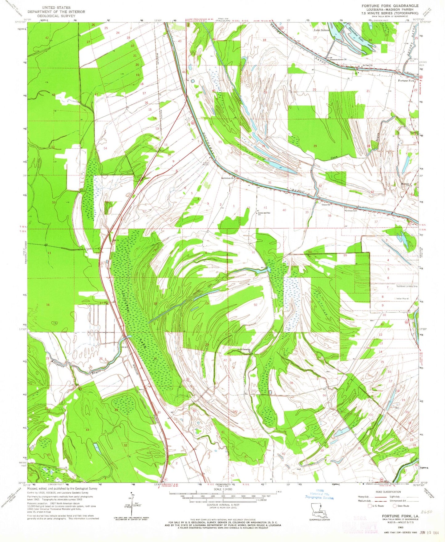 Classic USGS Fortune Fork Louisiana 7.5'x7.5' Topo Map Image