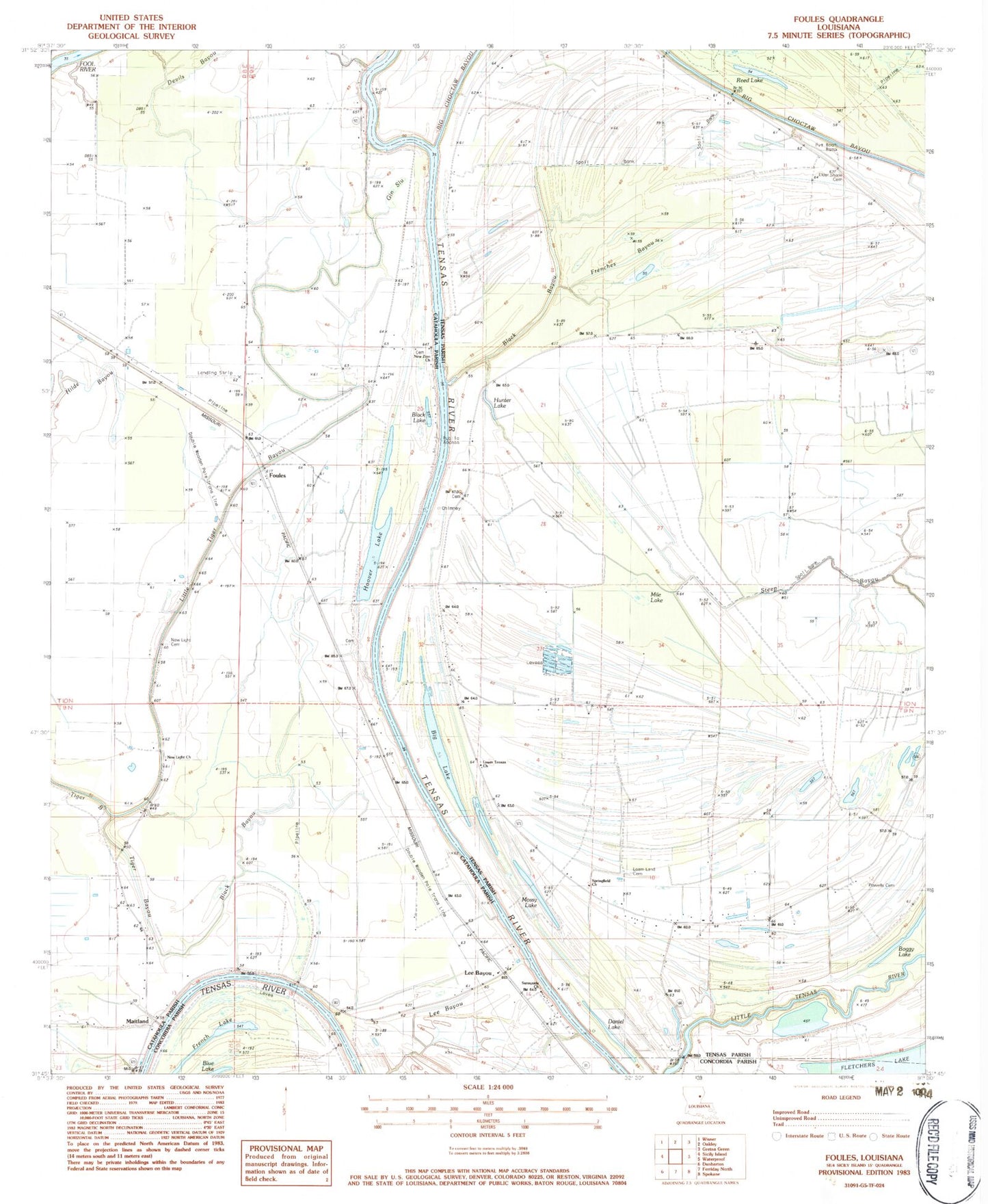 Classic USGS Foules Louisiana 7.5'x7.5' Topo Map Image