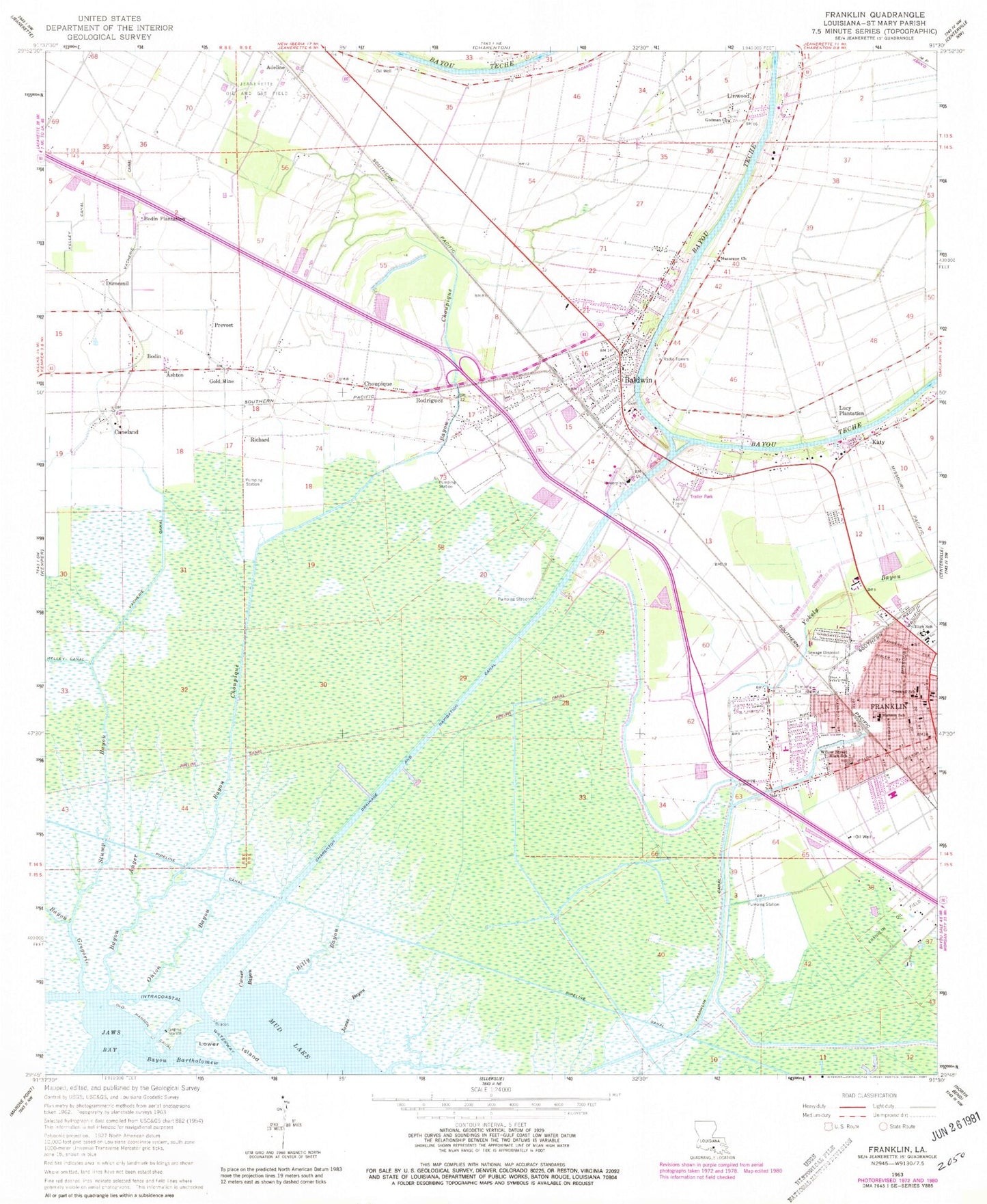 Classic USGS Franklin Louisiana 7.5'x7.5' Topo Map Image