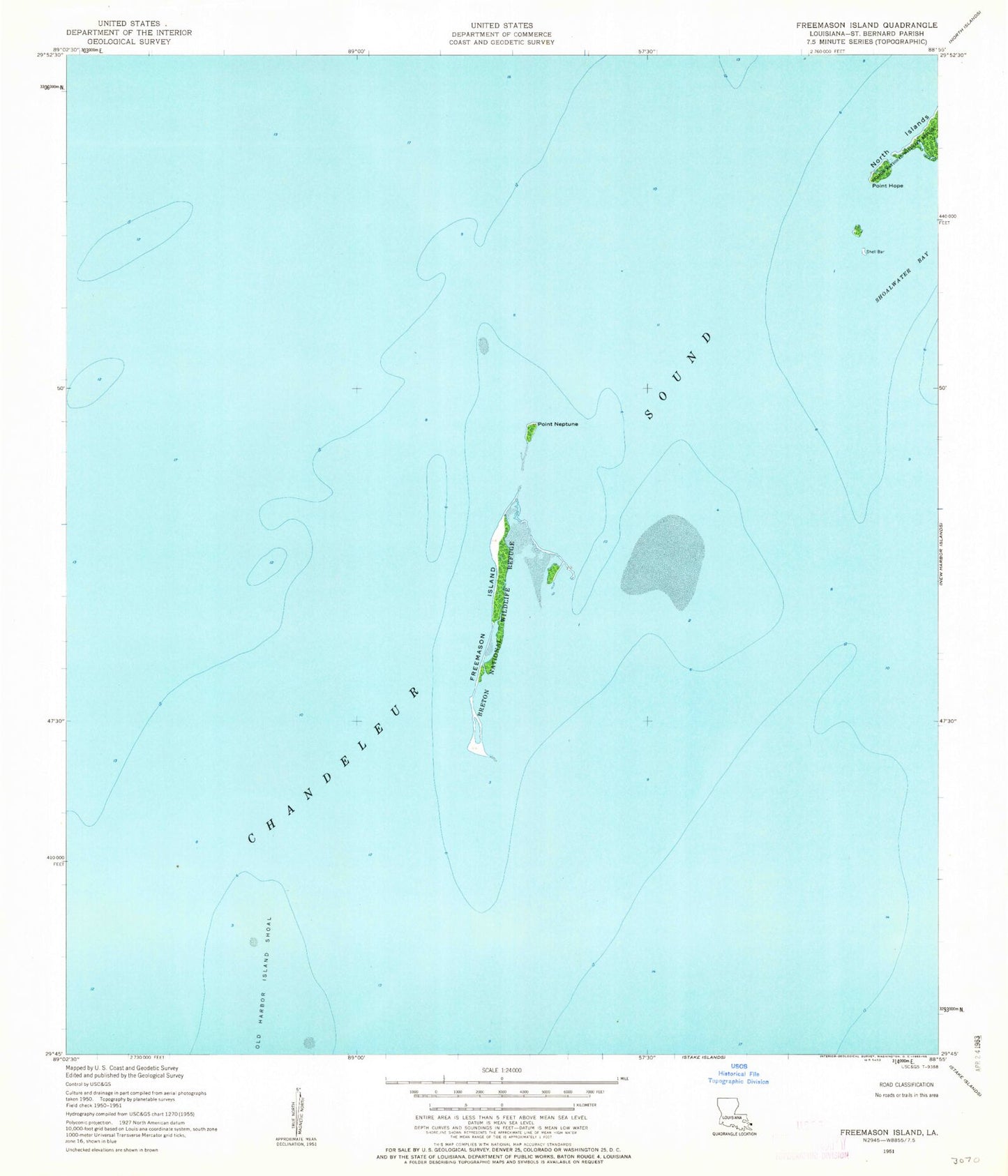 Classic USGS Freemason Island Louisiana 7.5'x7.5' Topo Map Image