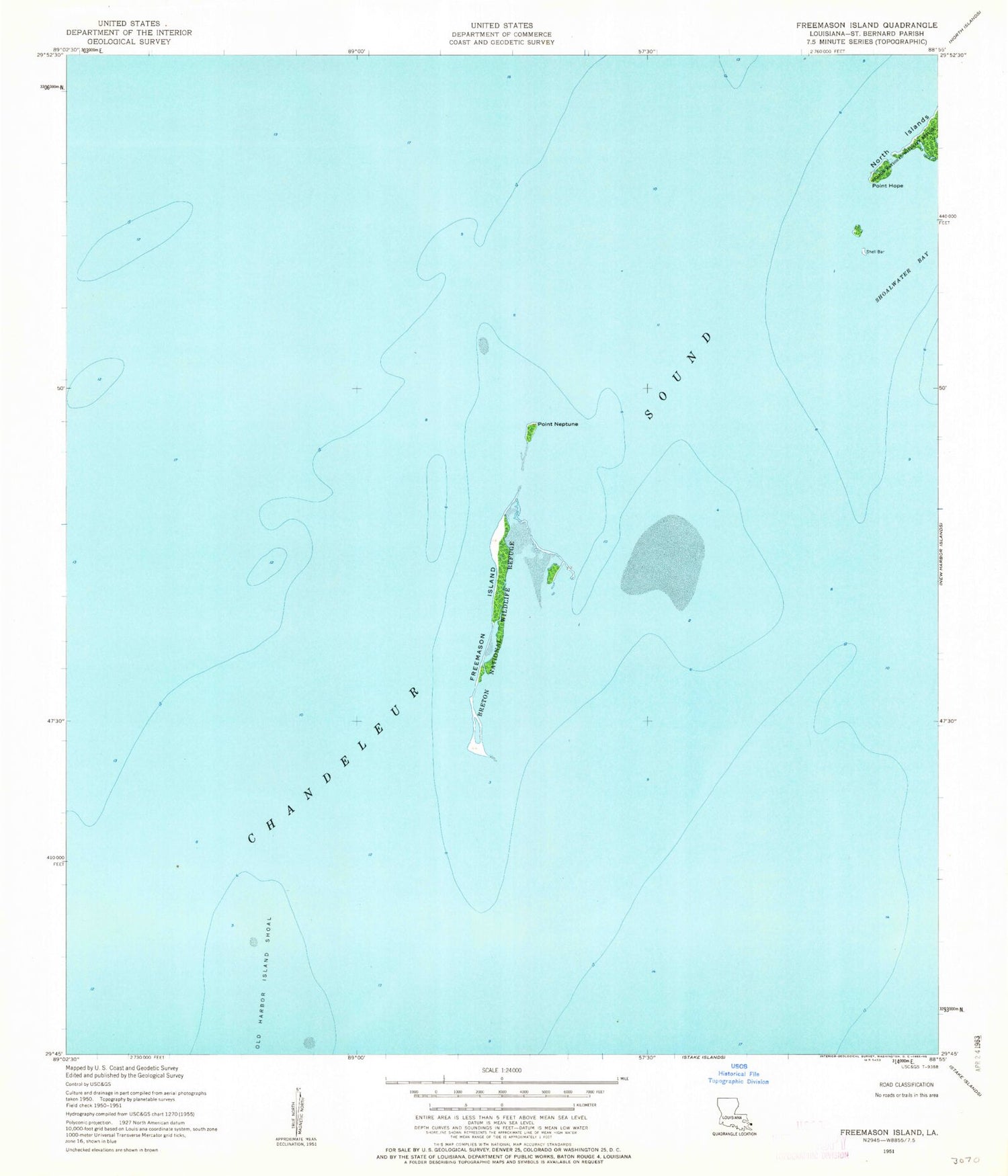 Classic USGS Freemason Island Louisiana 7.5'x7.5' Topo Map Image