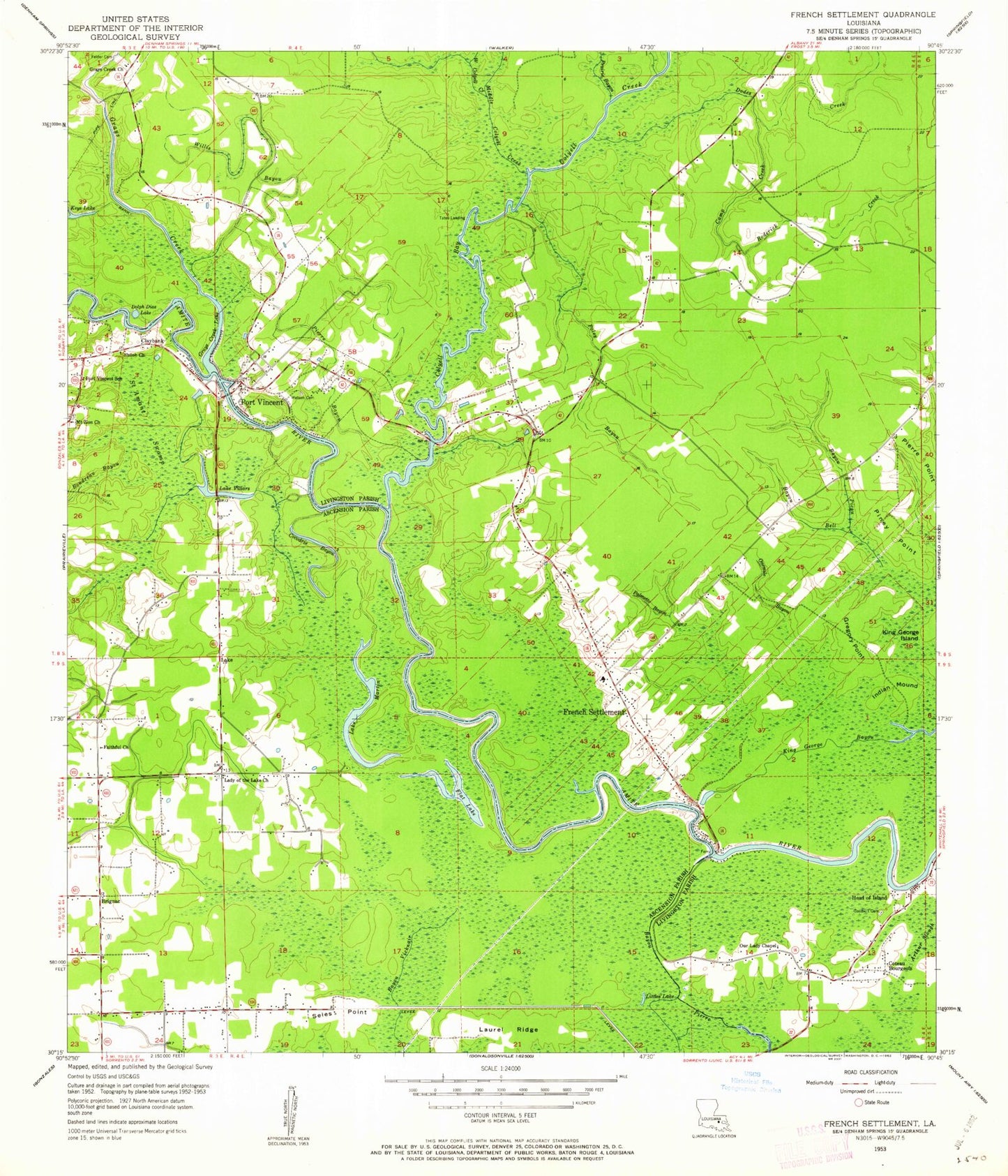 Classic USGS French Settlement Louisiana 7.5'x7.5' Topo Map Image
