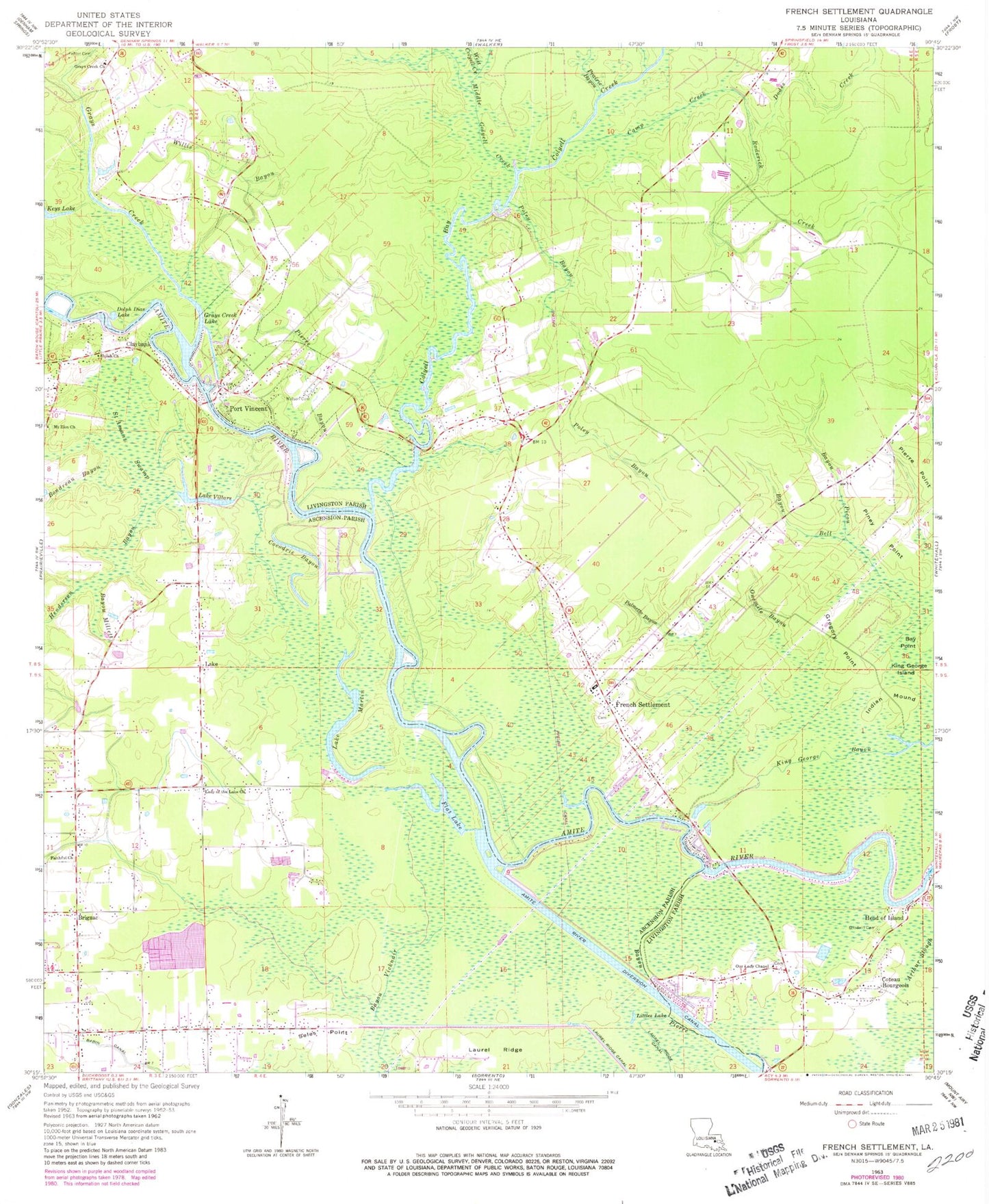 Classic USGS French Settlement Louisiana 7.5'x7.5' Topo Map Image