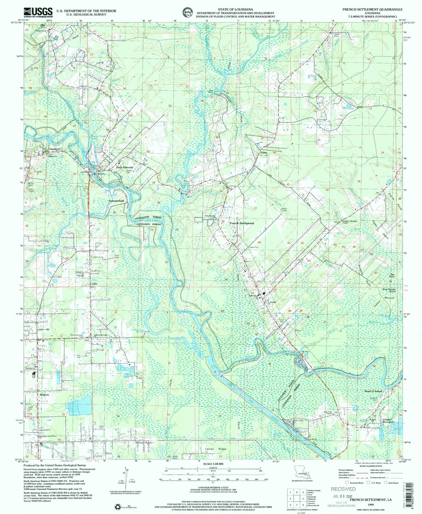Classic USGS French Settlement Louisiana 7.5'x7.5' Topo Map Image