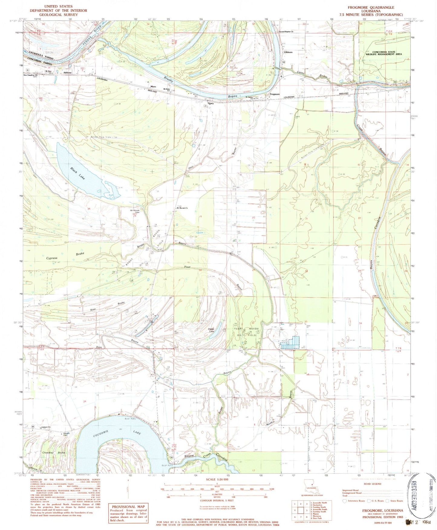 Classic USGS Frogmore Louisiana 7.5'x7.5' Topo Map Image