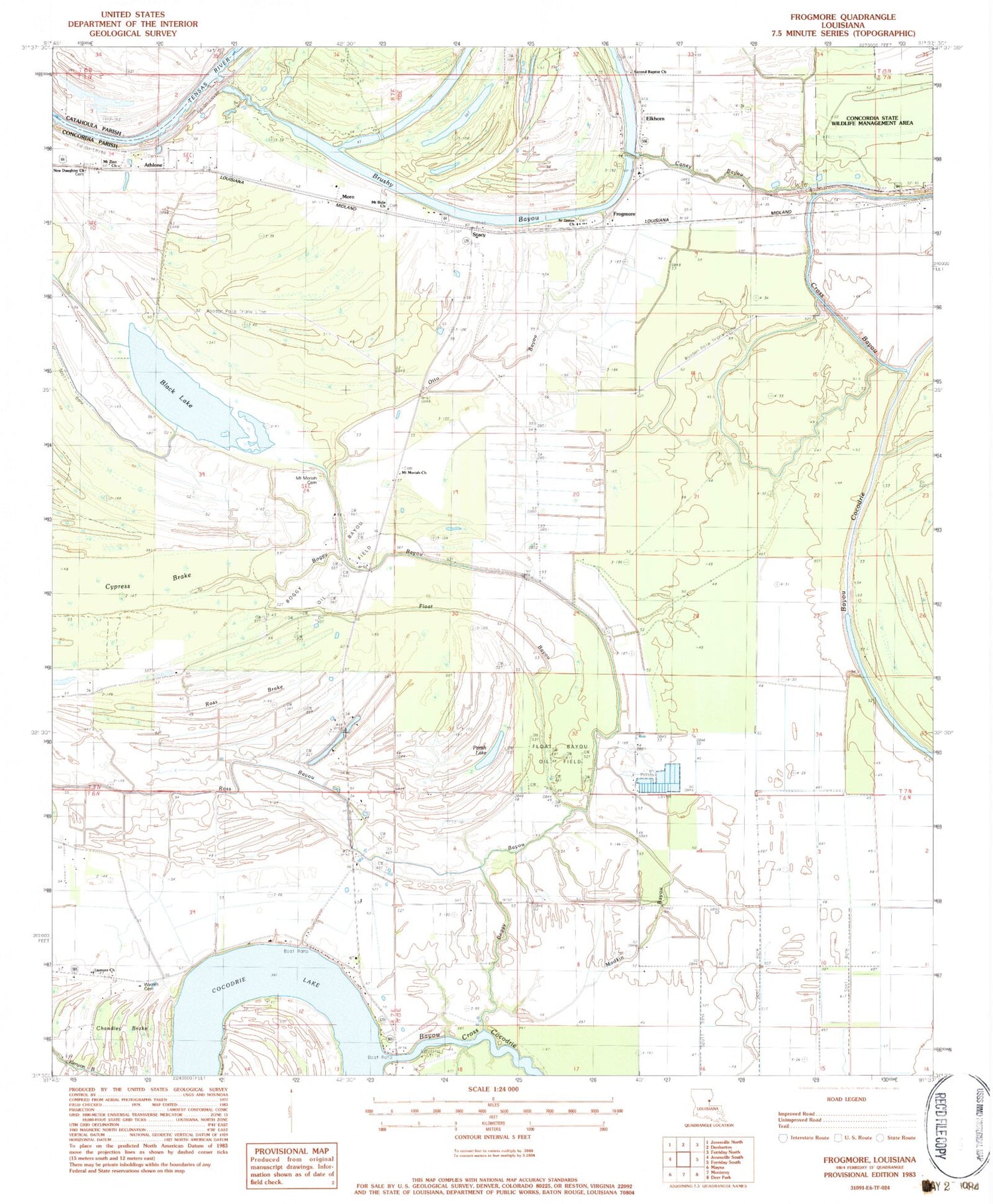 Classic USGS Frogmore Louisiana 7.5'x7.5' Topo Map Image