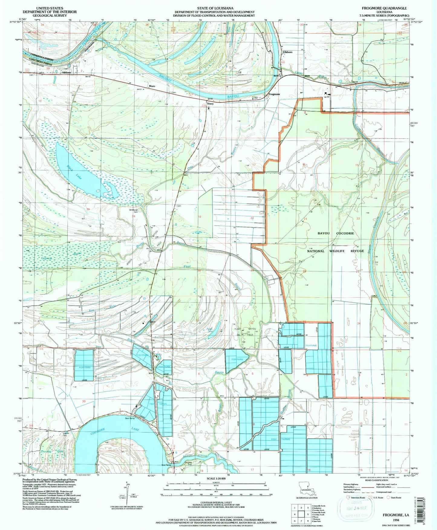 Classic USGS Frogmore Louisiana 7.5'x7.5' Topo Map Image