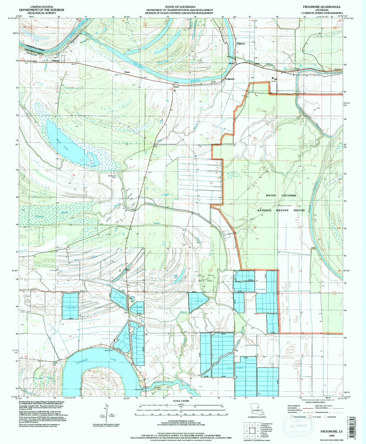 Classic USGS Frogmore Louisiana 7.5'x7.5' Topo Map Image