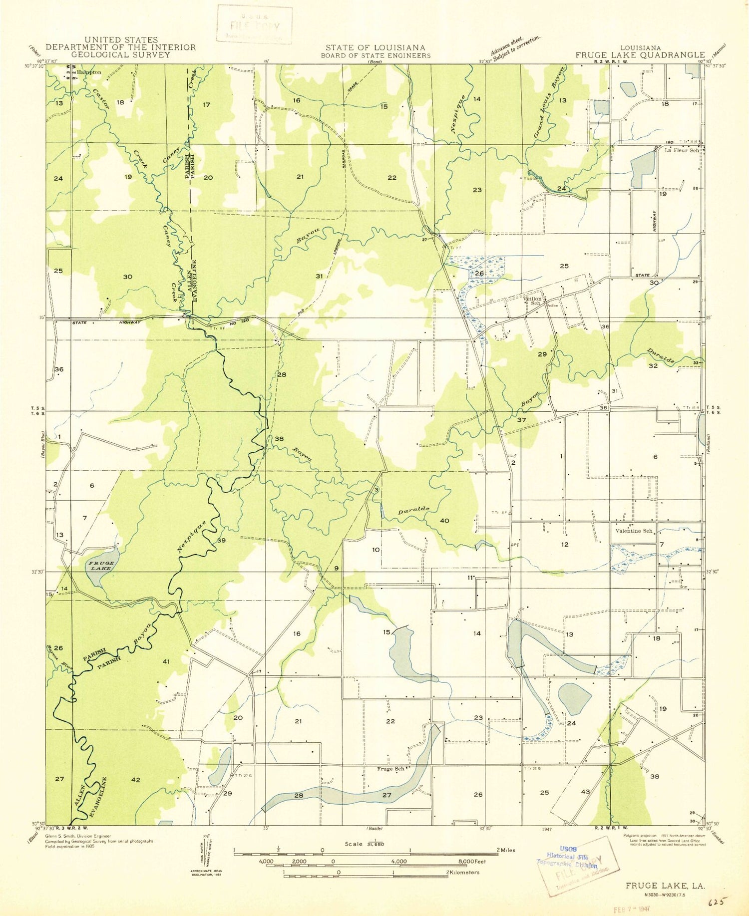 Classic USGS Duralde Louisiana 7.5'x7.5' Topo Map Image