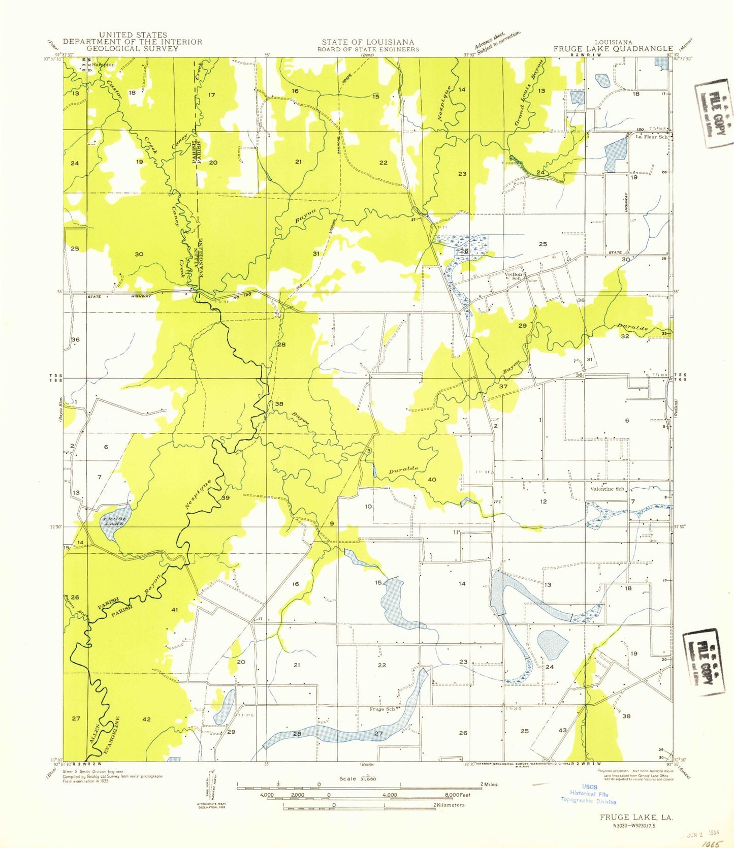 Classic USGS Duralde Louisiana 7.5'x7.5' Topo Map Image