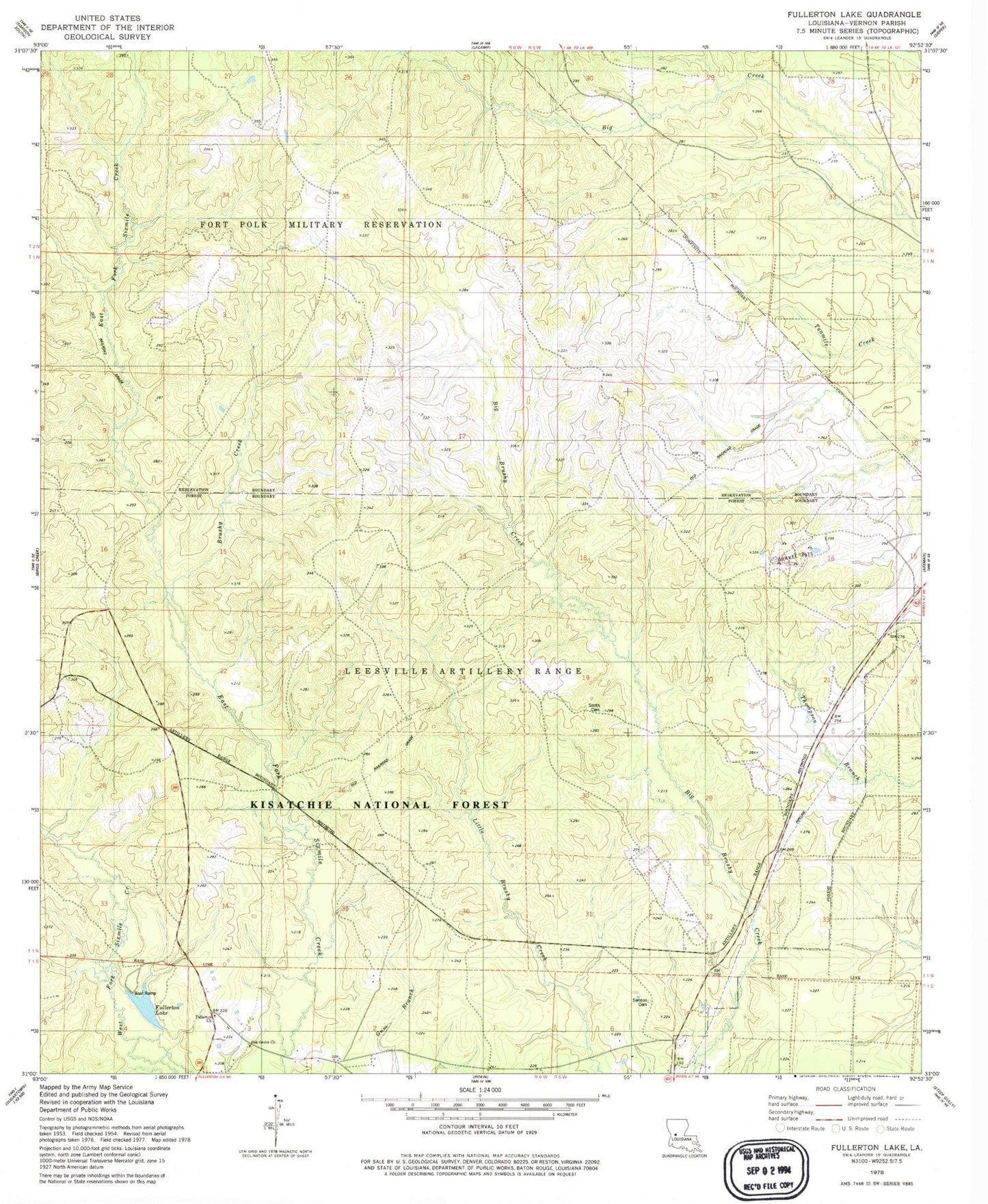 Classic USGS Fullerton Lake Louisiana 7.5'x7.5' Topo Map Image