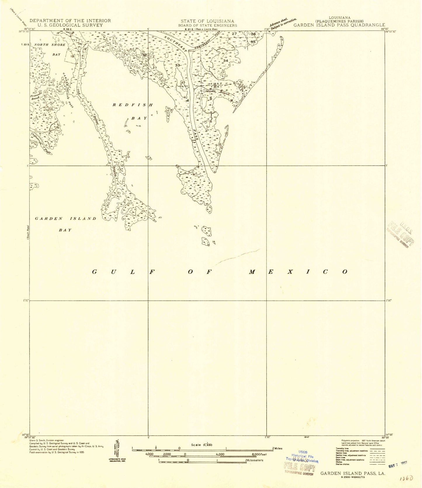 Classic USGS Garden Island Pass Louisiana 7.5'x7.5' Topo Map Image