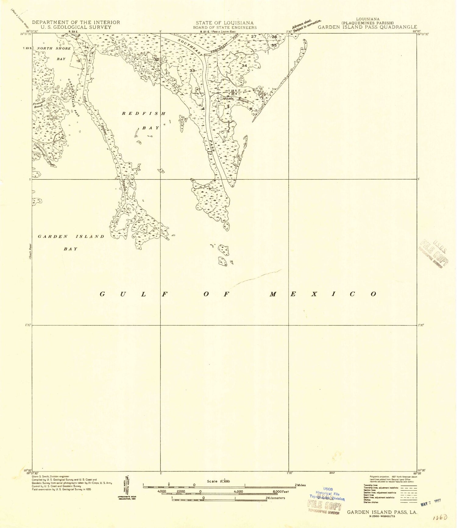 Classic USGS Garden Island Pass Louisiana 7.5'x7.5' Topo Map Image