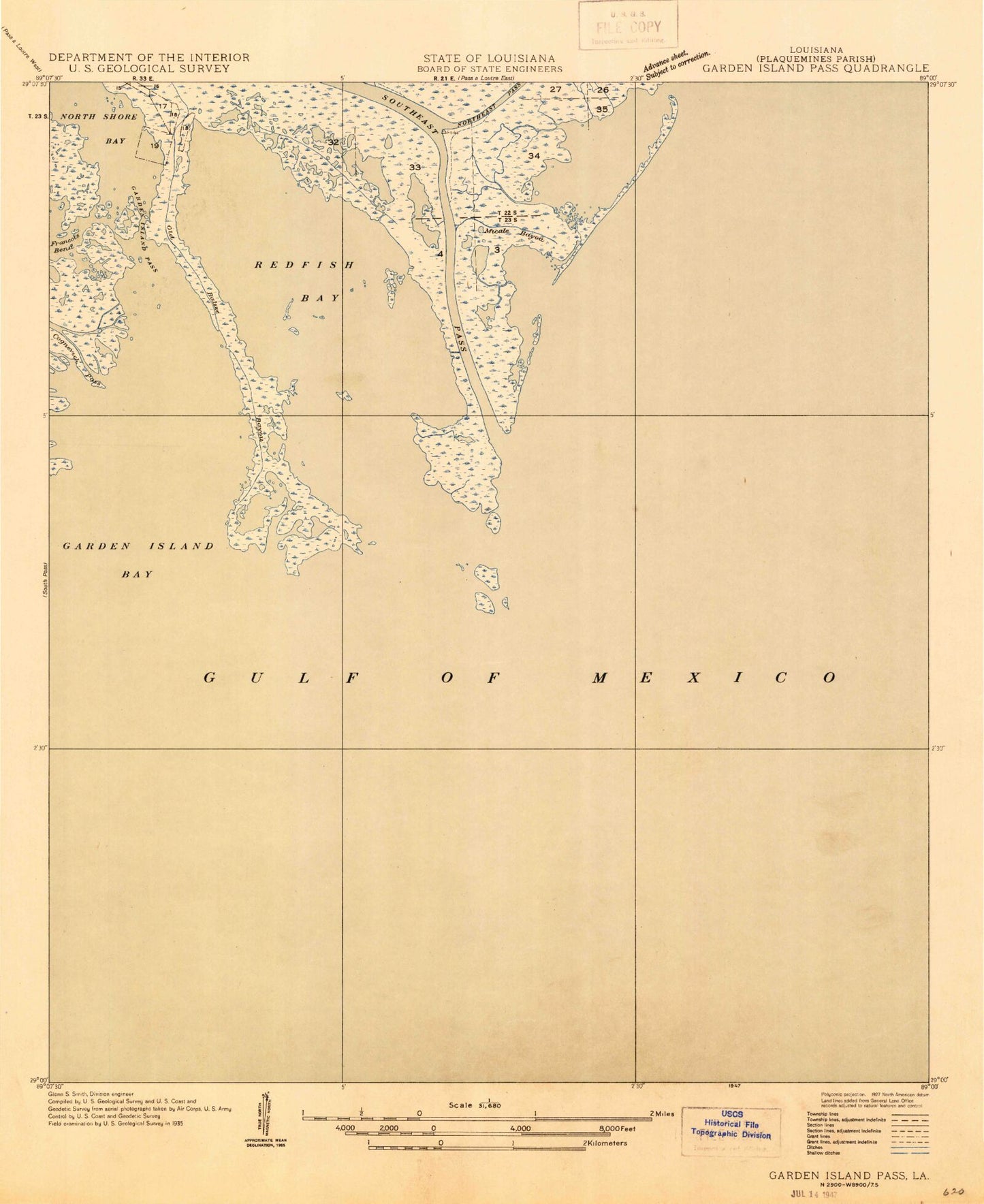 Classic USGS Garden Island Pass Louisiana 7.5'x7.5' Topo Map Image