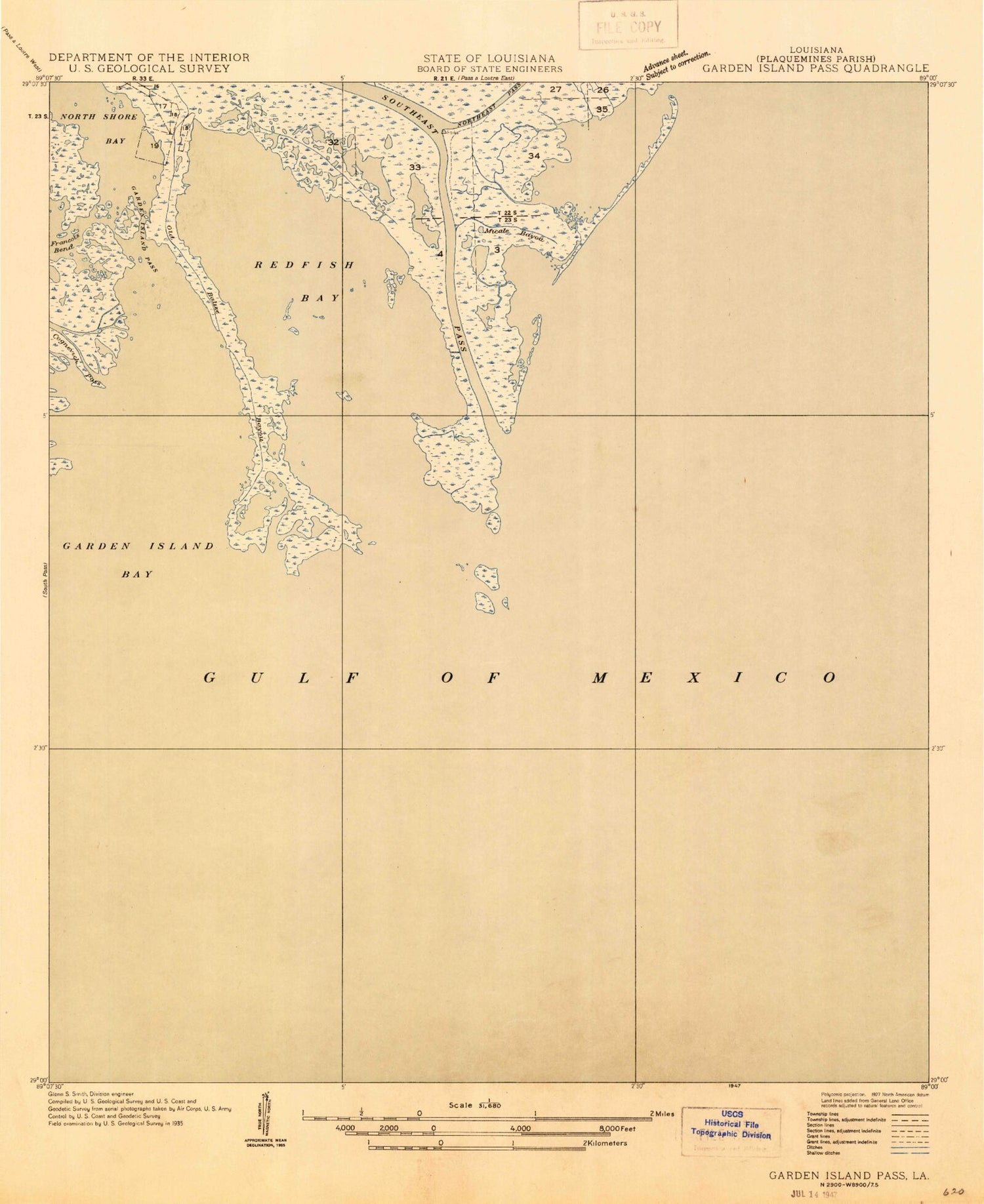 Classic USGS Garden Island Pass Louisiana 7.5'x7.5' Topo Map Image