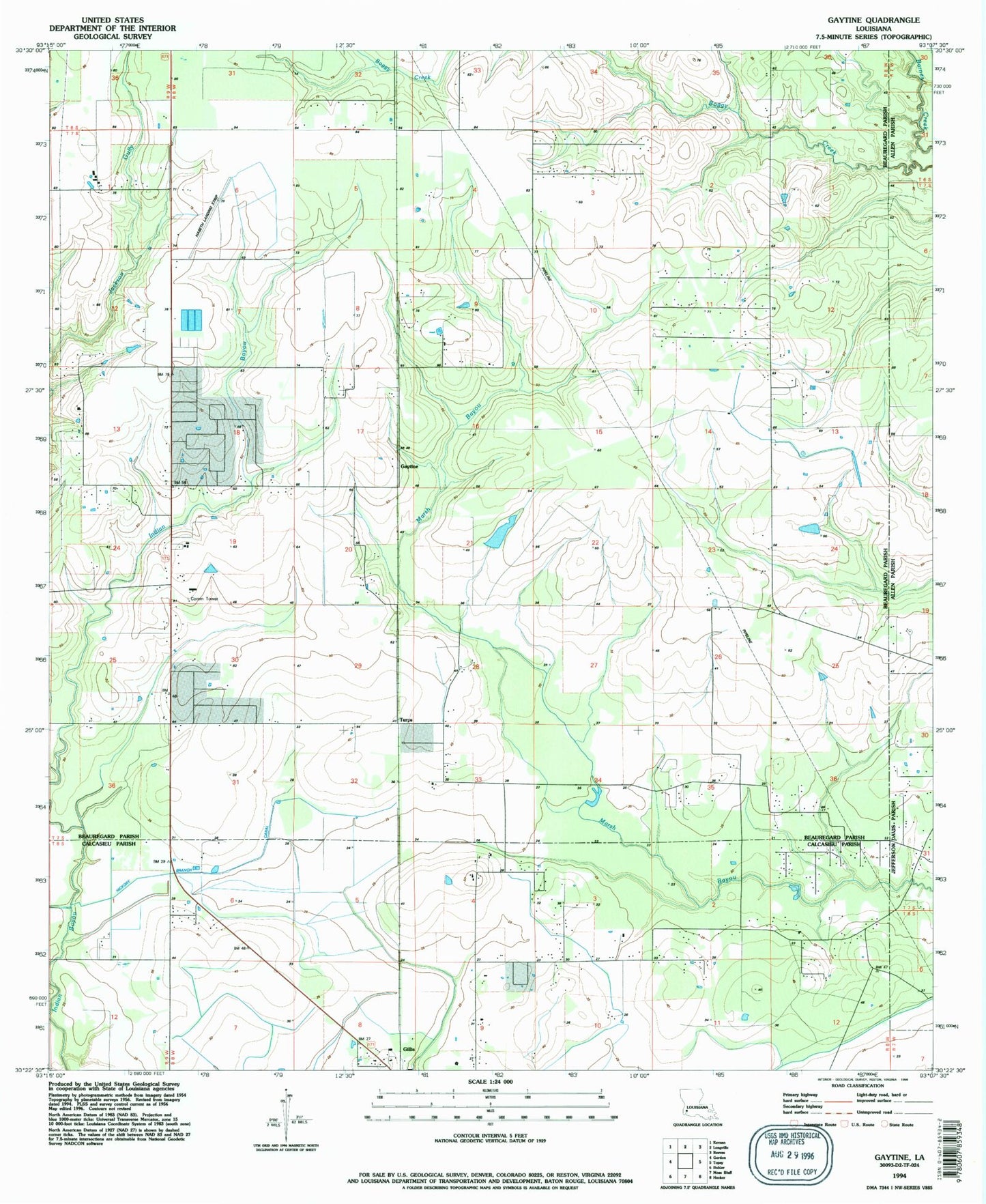 Classic USGS Gaytine Louisiana 7.5'x7.5' Topo Map Image