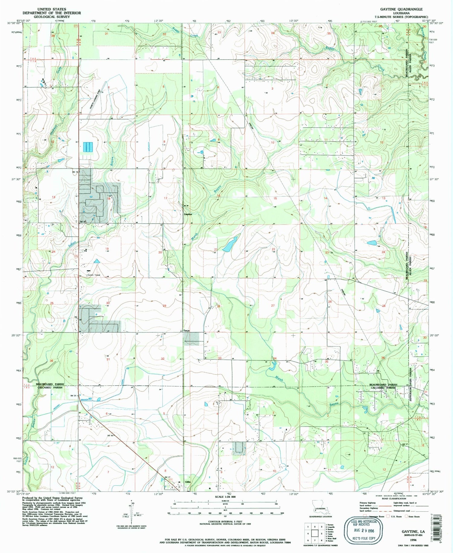 Classic USGS Gaytine Louisiana 7.5'x7.5' Topo Map Image