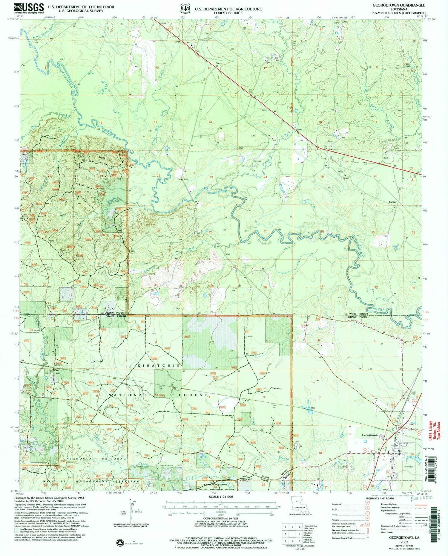 Classic USGS Georgetown Louisiana 7.5'x7.5' Topo Map Image