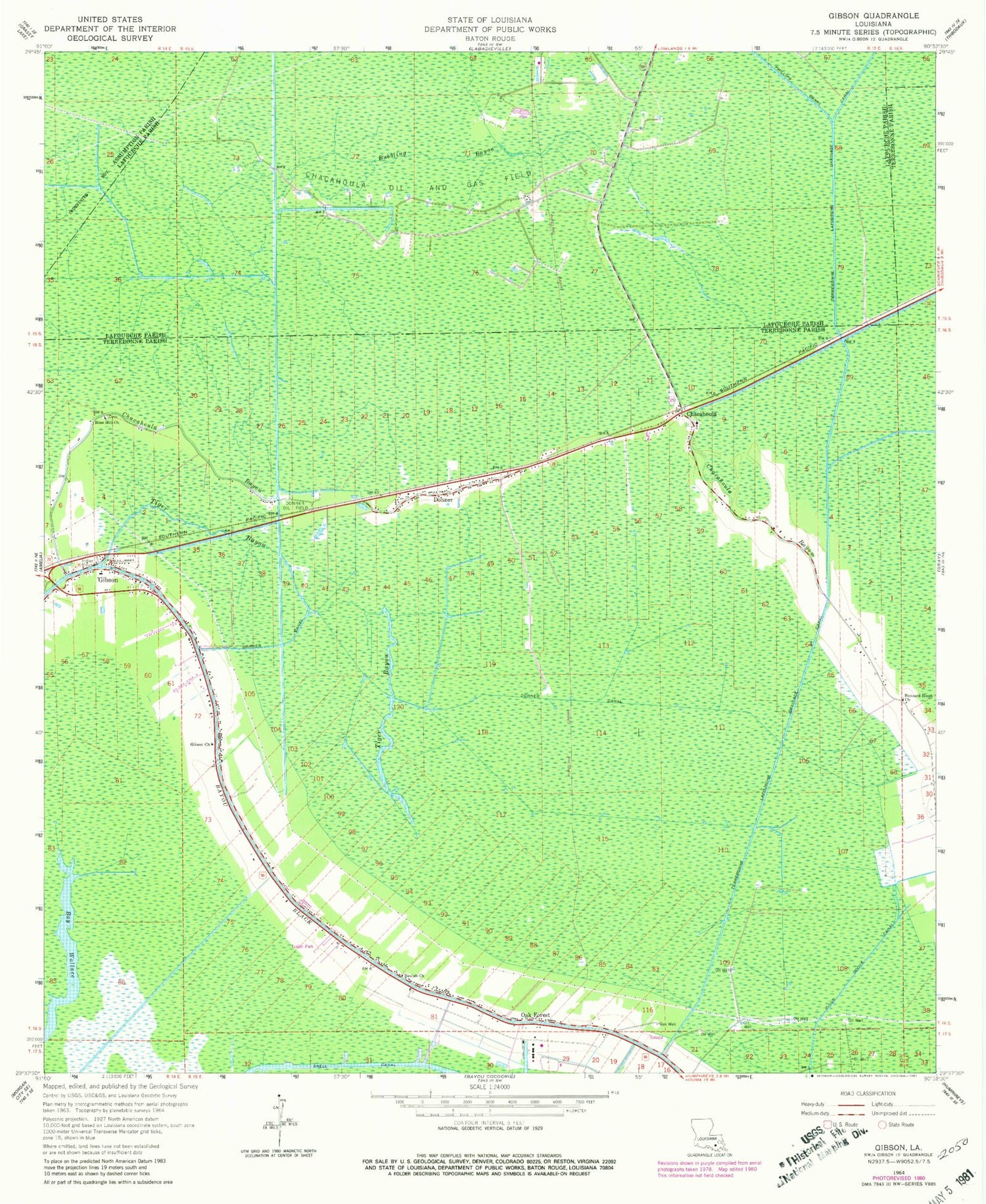 Classic USGS Gibson Louisiana 7.5'x7.5' Topo Map Image
