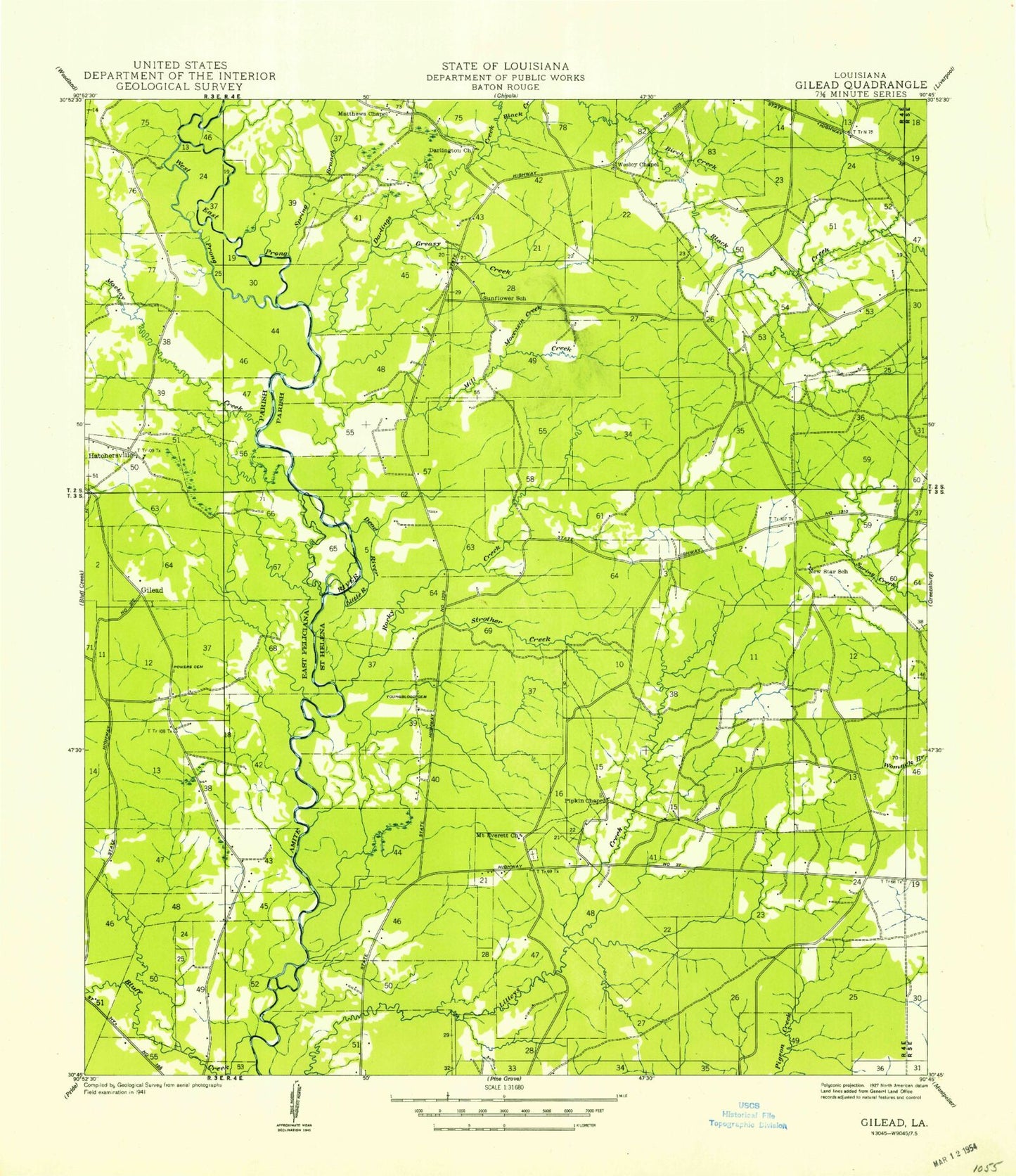 Classic USGS Hatchersville Louisiana 7.5'x7.5' Topo Map Image