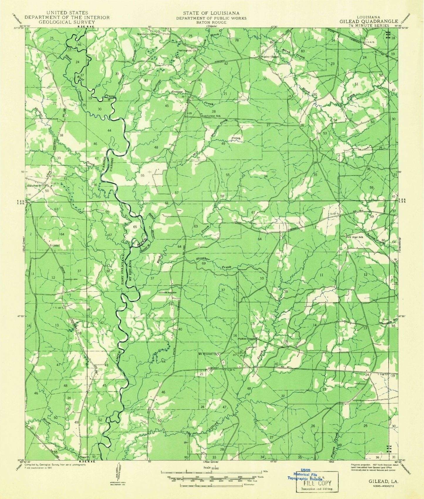 Classic USGS Hatchersville Louisiana 7.5'x7.5' Topo Map Image