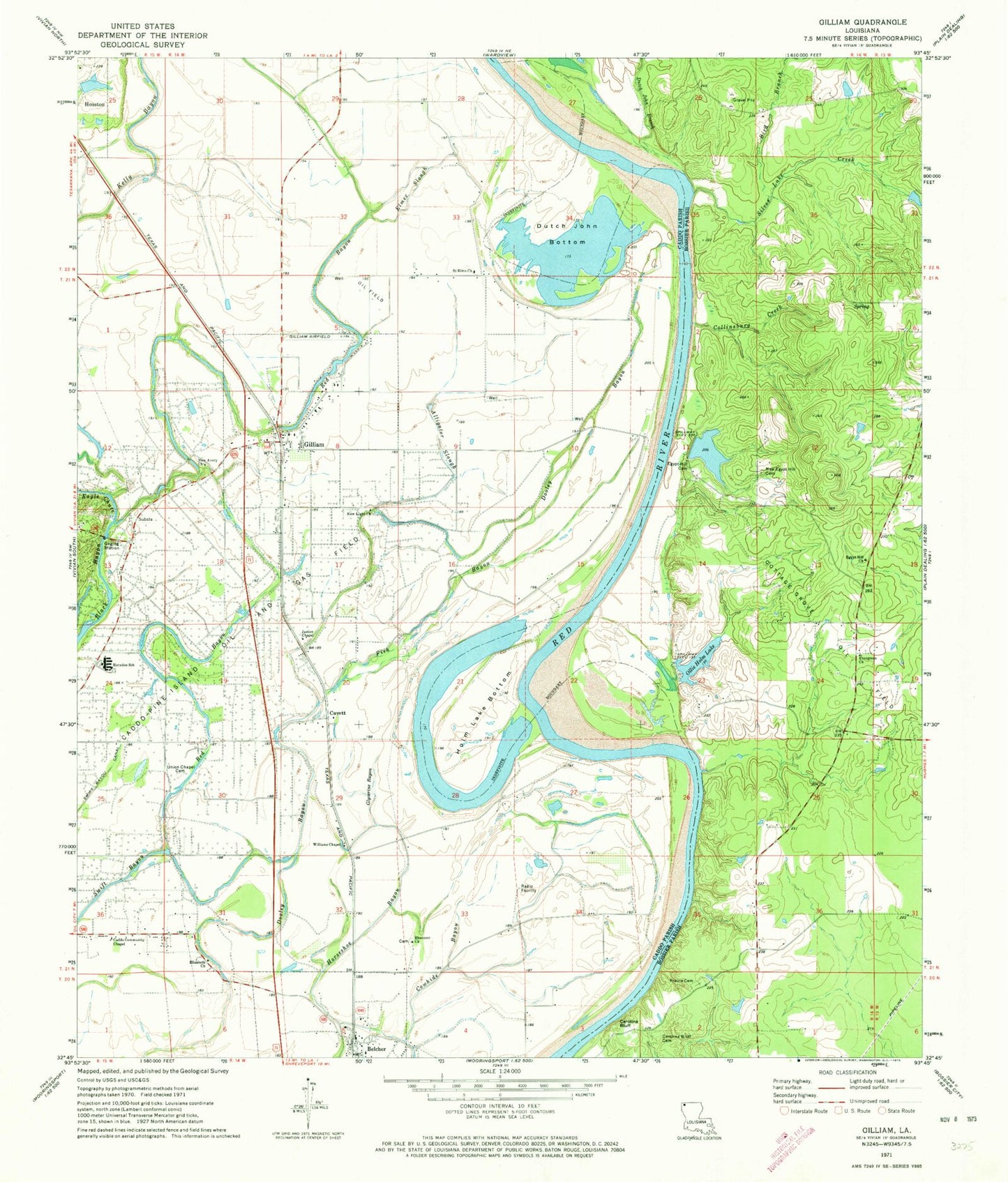 Classic USGS Gilliam Louisiana 7.5'x7.5' Topo Map Image