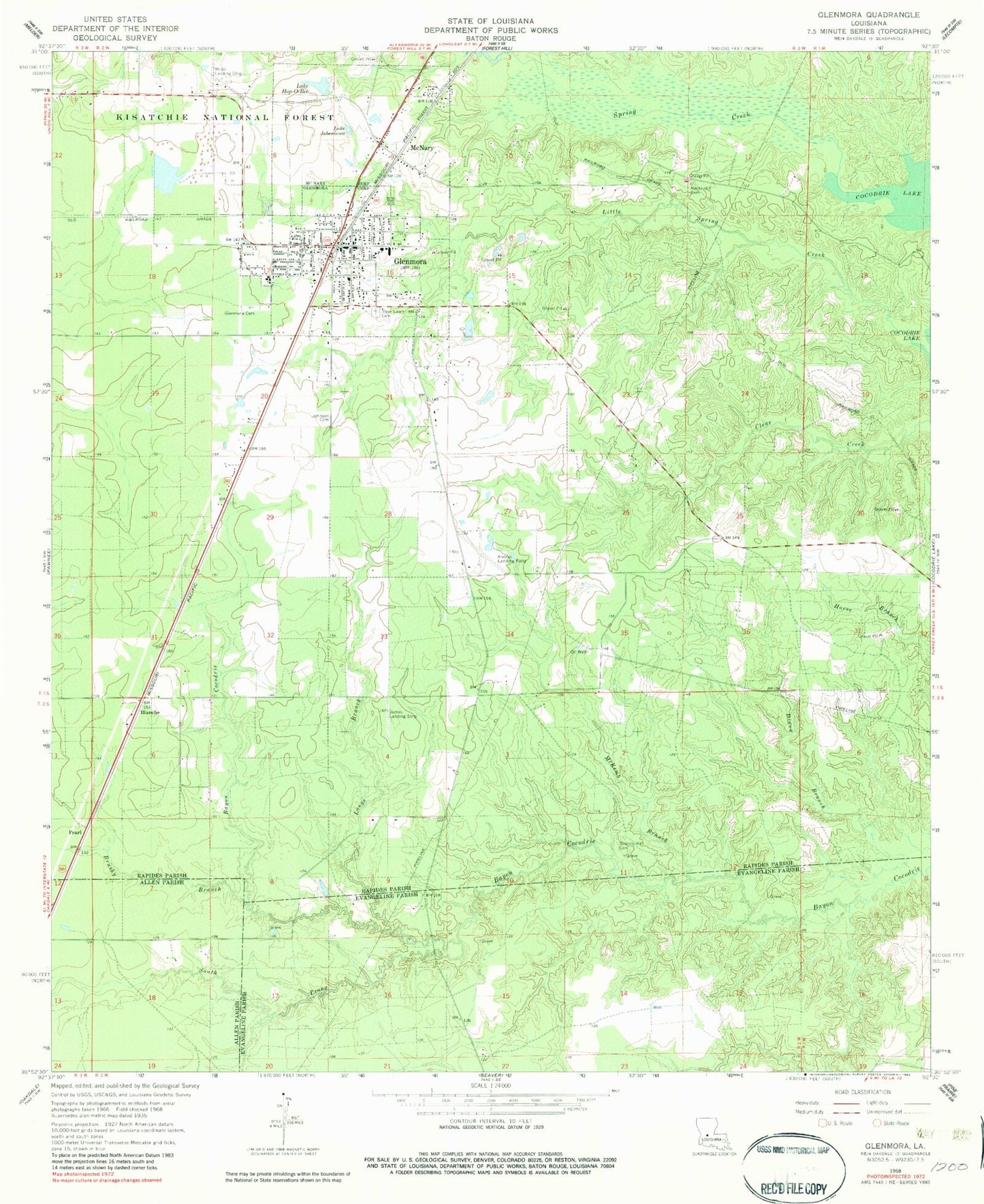 Classic USGS Glenmora Louisiana 7.5'x7.5' Topo Map Image