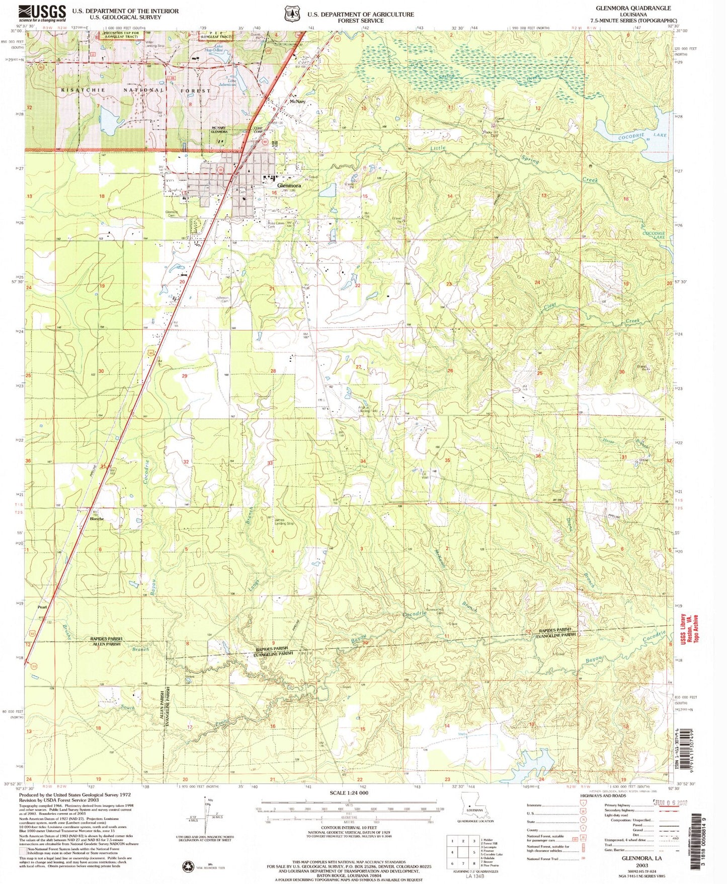 Classic USGS Glenmora Louisiana 7.5'x7.5' Topo Map Image