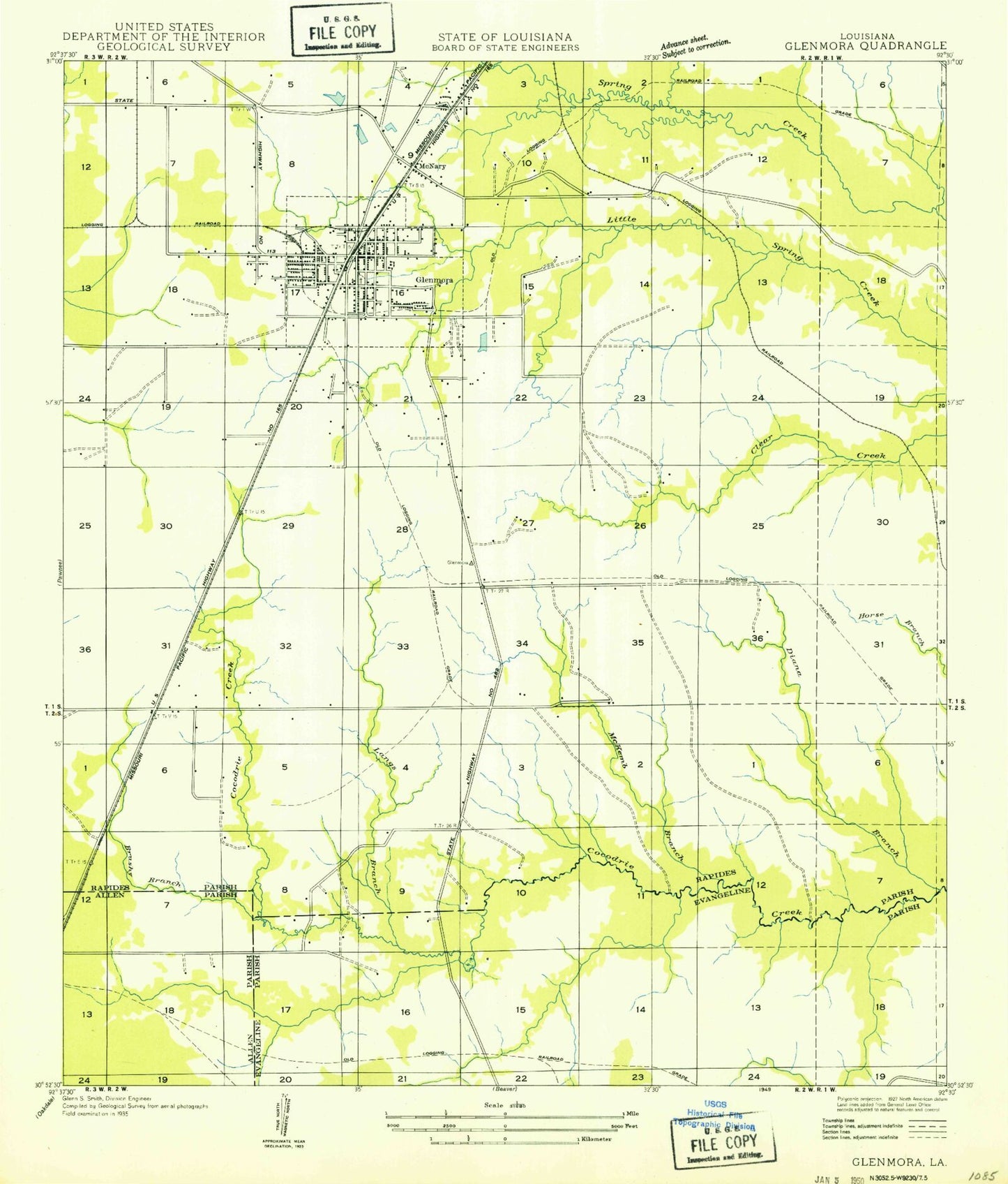 Classic USGS Glenmora Louisiana 7.5'x7.5' Topo Map Image