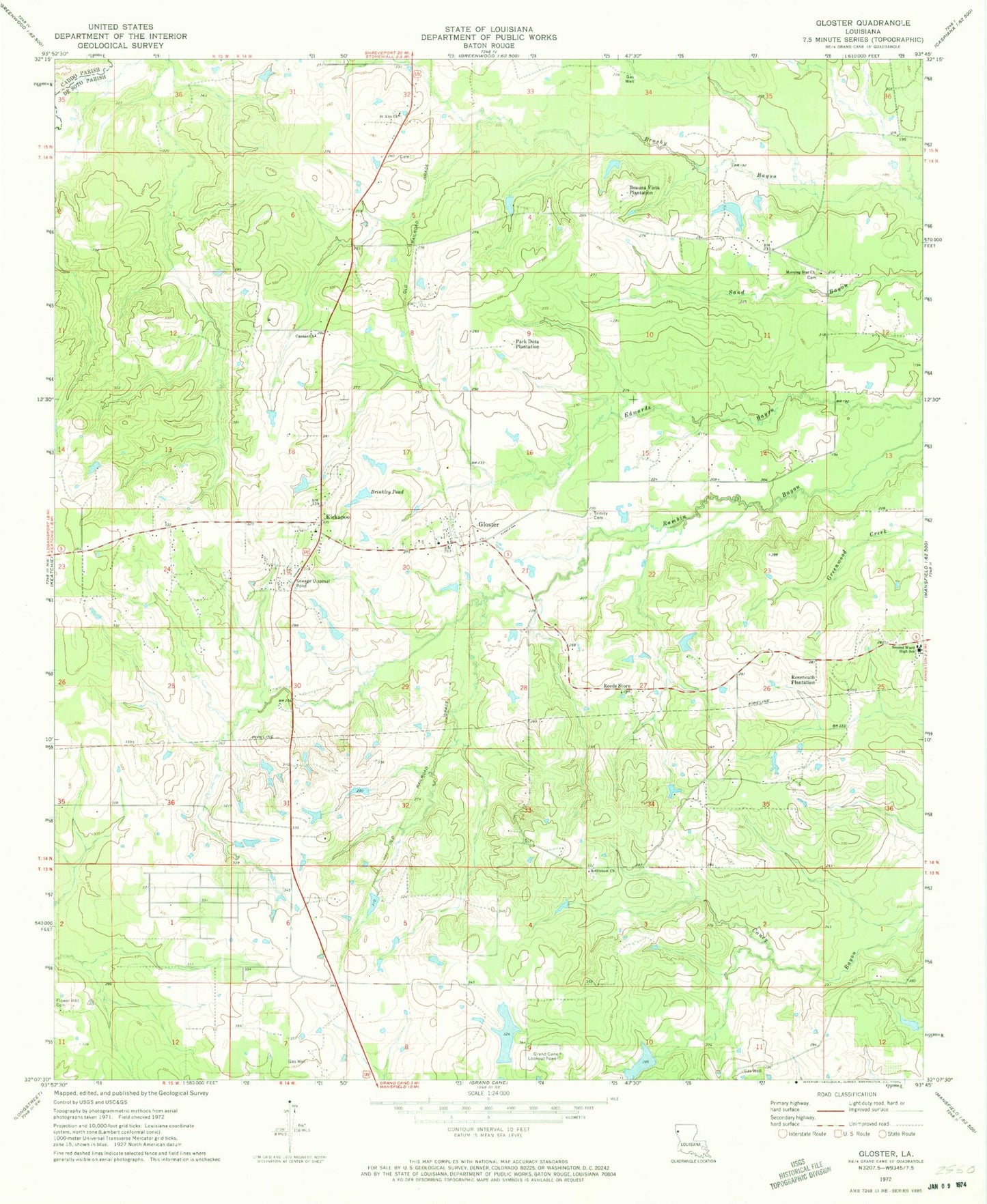 Classic USGS Gloster Louisiana 7.5'x7.5' Topo Map Image