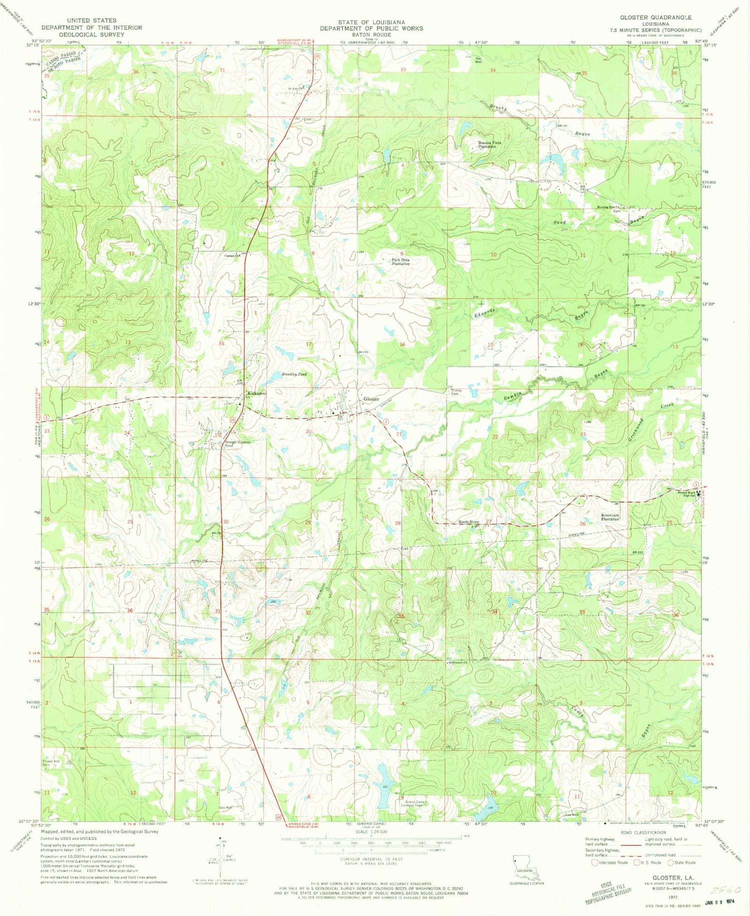Classic USGS Gloster Louisiana 7.5'x7.5' Topo Map Image