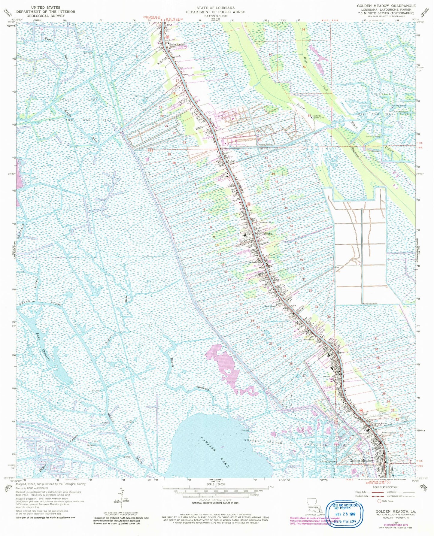 Classic USGS Golden Meadow Louisiana 7.5'x7.5' Topo Map Image