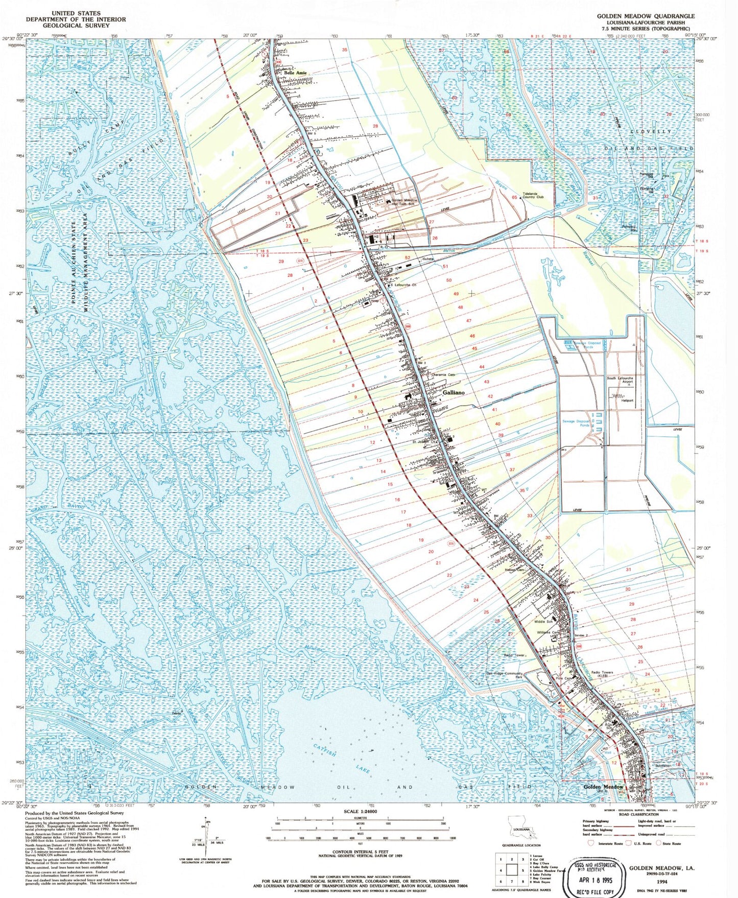 Classic USGS Golden Meadow Louisiana 7.5'x7.5' Topo Map Image