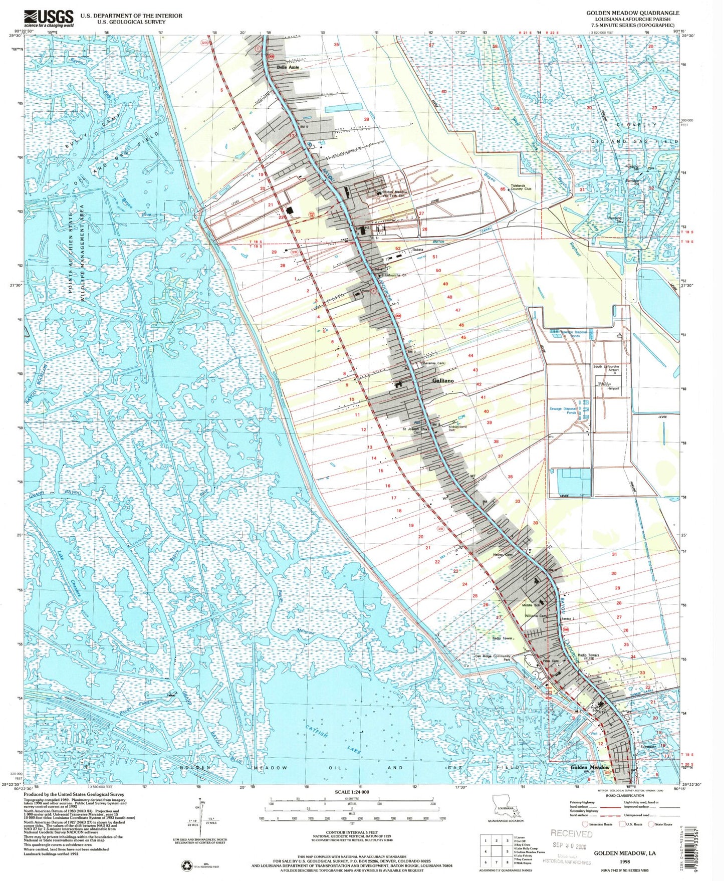 Classic USGS Golden Meadow Louisiana 7.5'x7.5' Topo Map Image