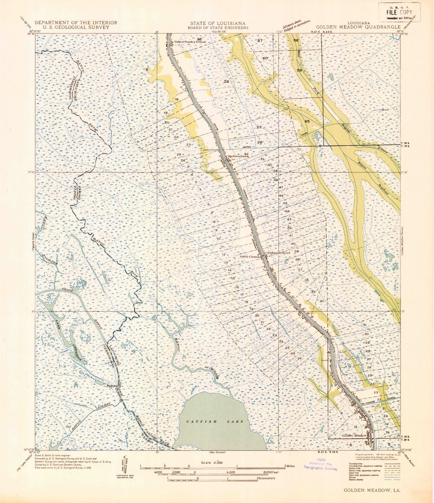Classic USGS Golden Meadow Louisiana 7.5'x7.5' Topo Map Image
