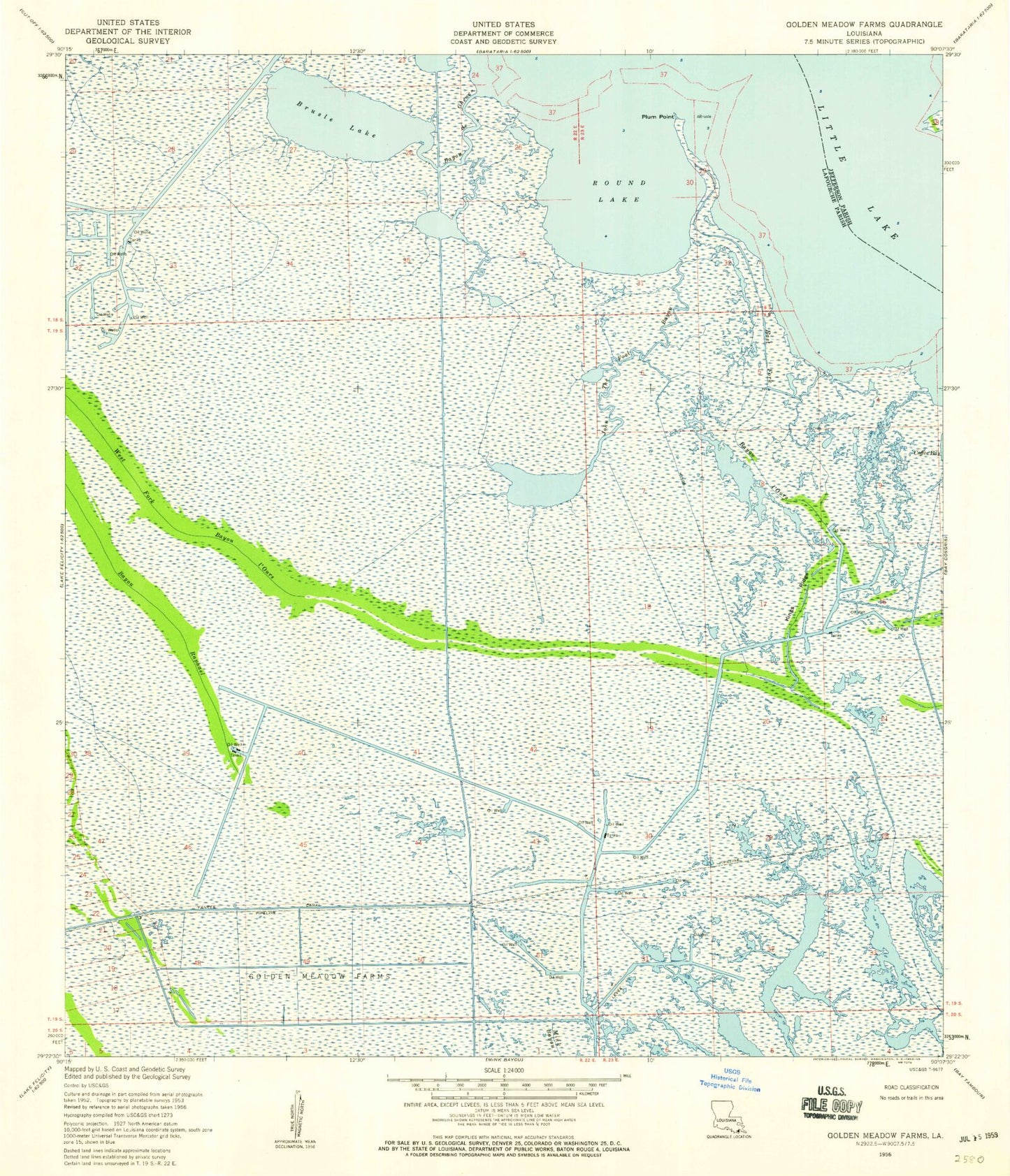 Classic USGS Golden Meadow Farms Louisiana 7.5'x7.5' Topo Map Image