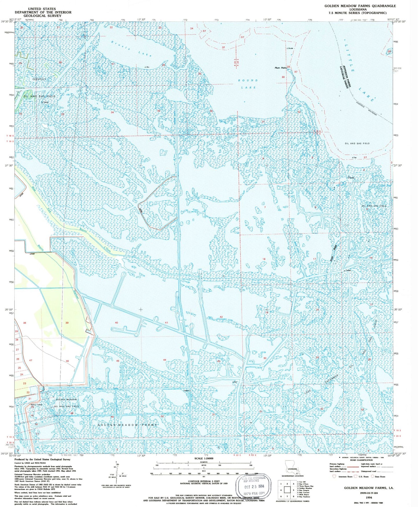 Classic USGS Golden Meadow Farms Louisiana 7.5'x7.5' Topo Map Image
