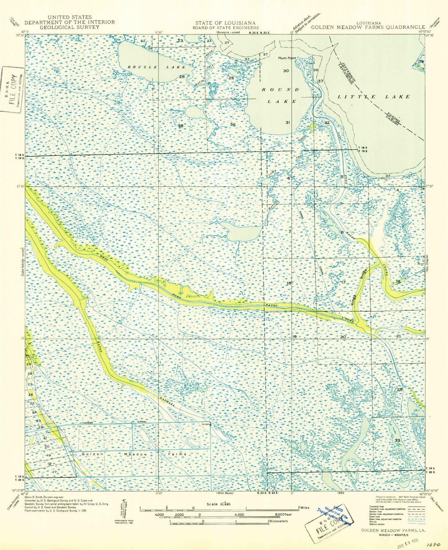 Classic USGS Golden Meadow Farms Louisiana 7.5'x7.5' Topo Map Image