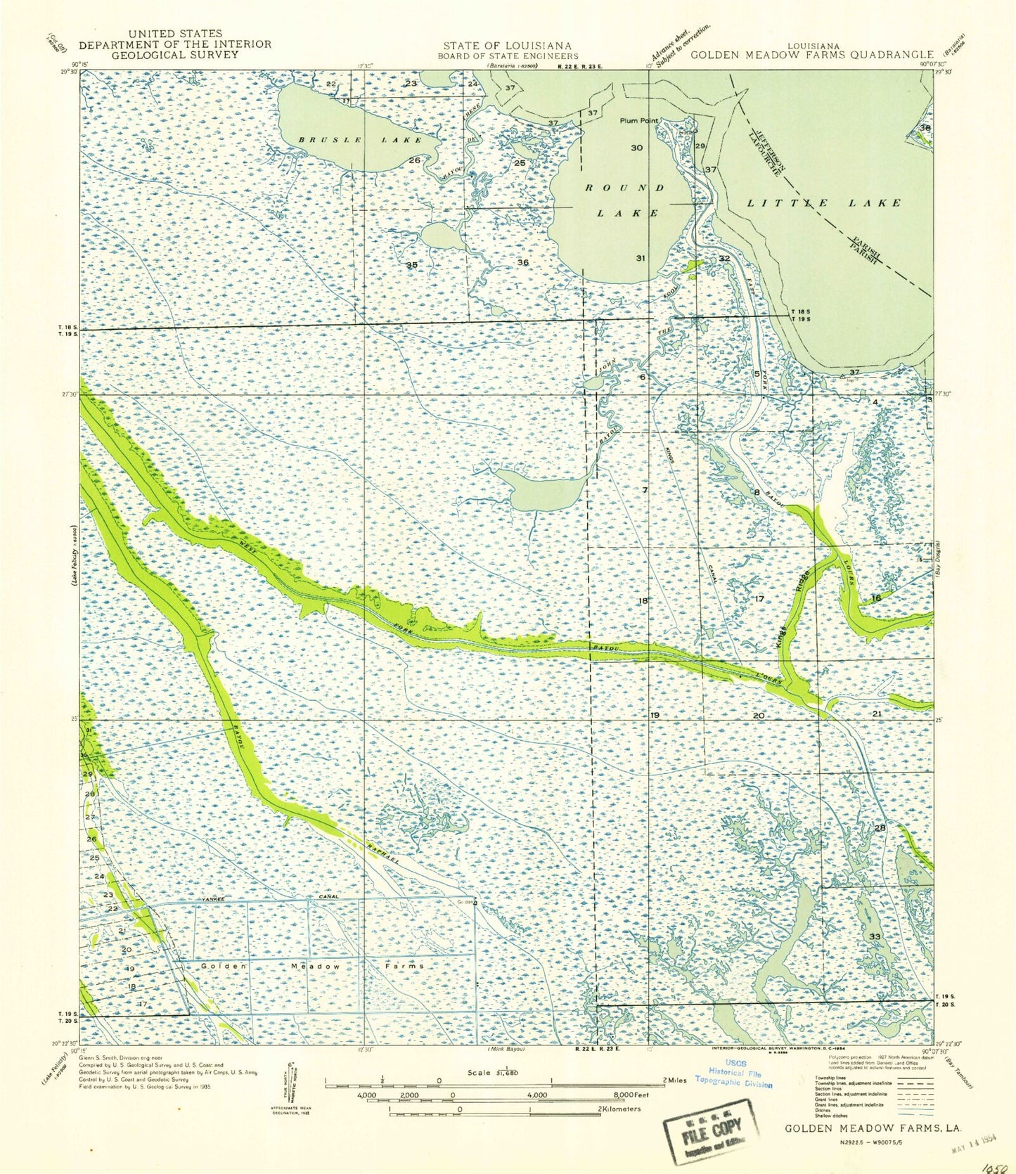 Classic USGS Golden Meadow Farms Louisiana 7.5'x7.5' Topo Map Image
