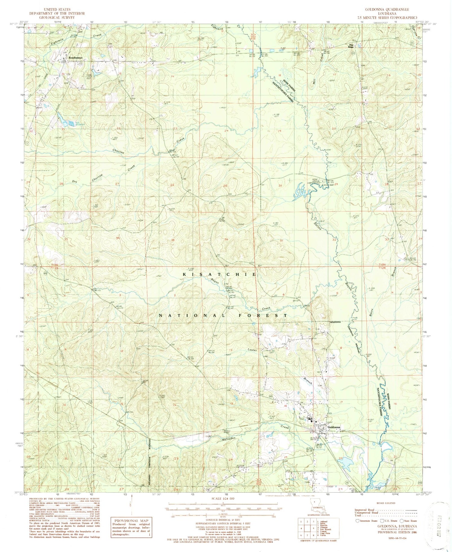 Classic USGS Goldonna Louisiana 7.5'x7.5' Topo Map Image