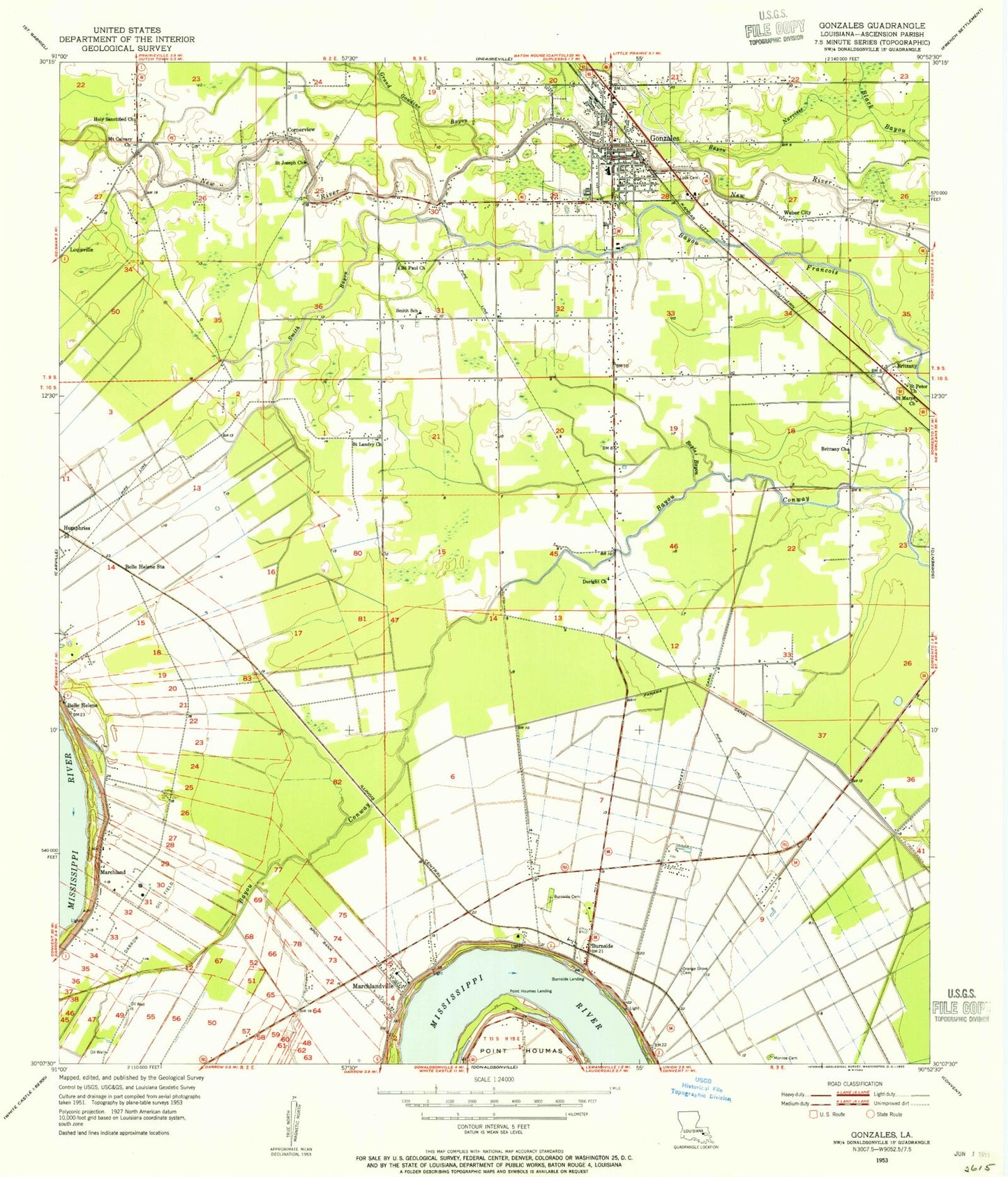 Classic USGS Gonzales Louisiana 7.5'x7.5' Topo Map Image